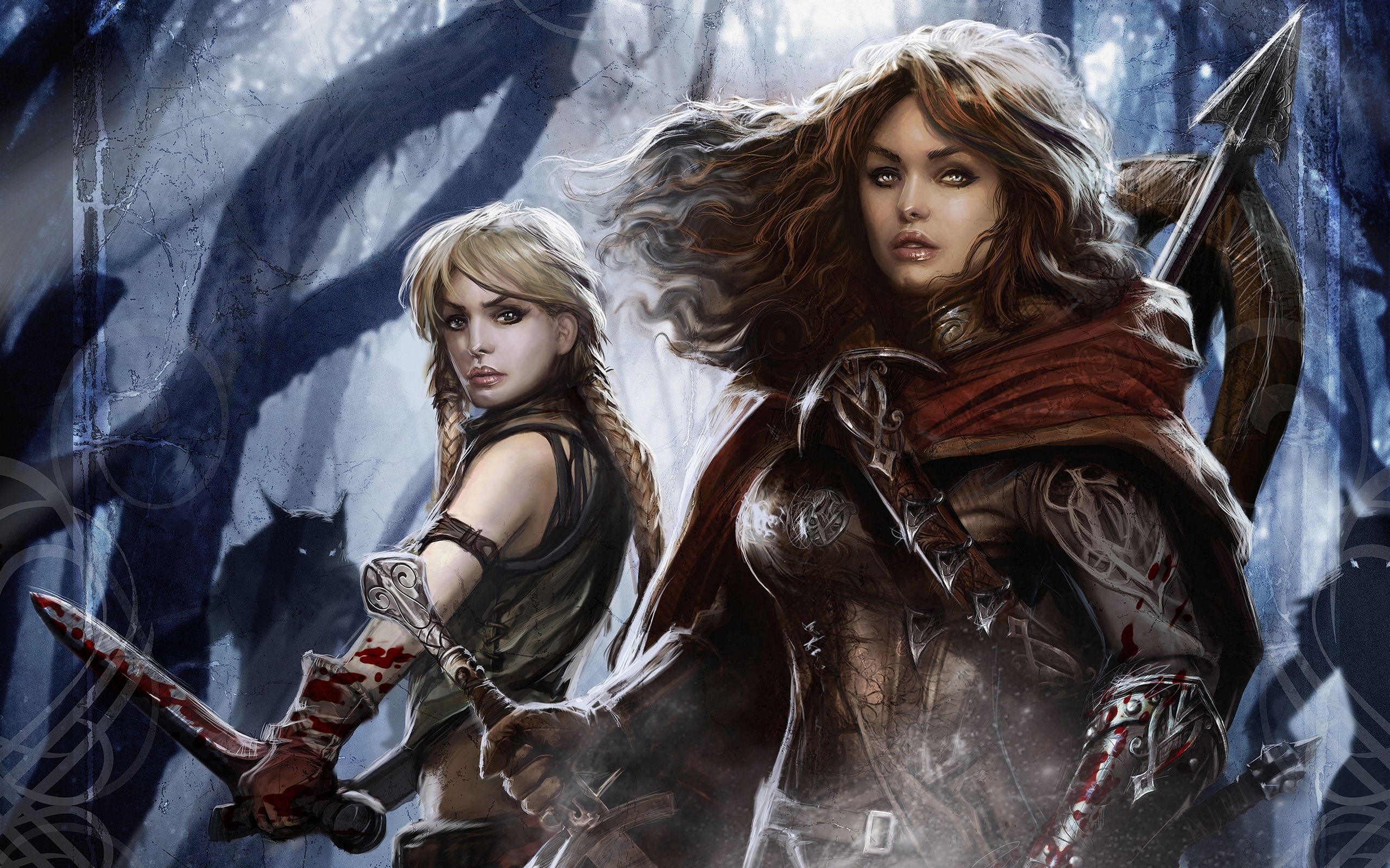 Two women warriors in a dark forest HD Wallpaper