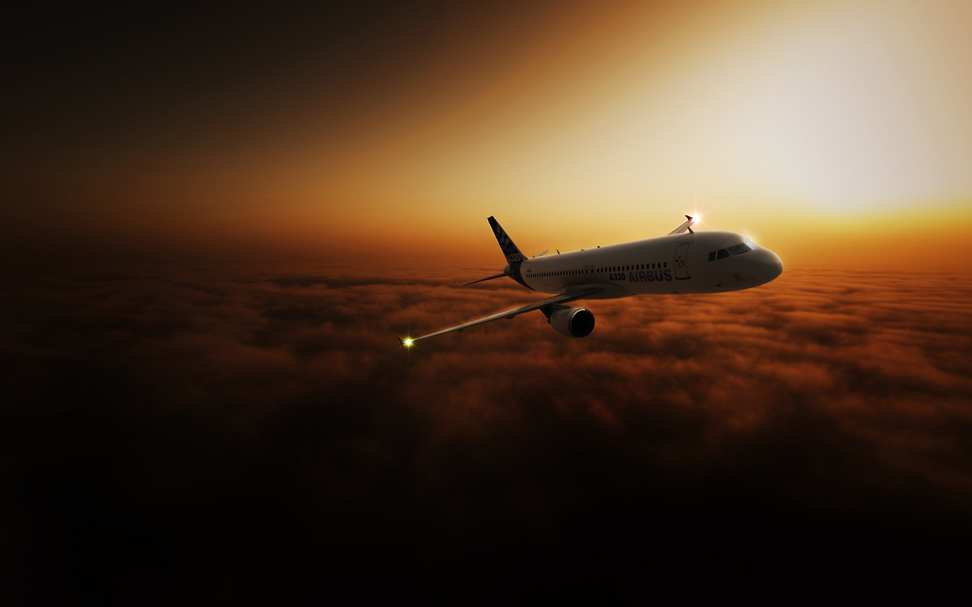 Airbus A320 flying above clouds at sunset HD Wallpaper