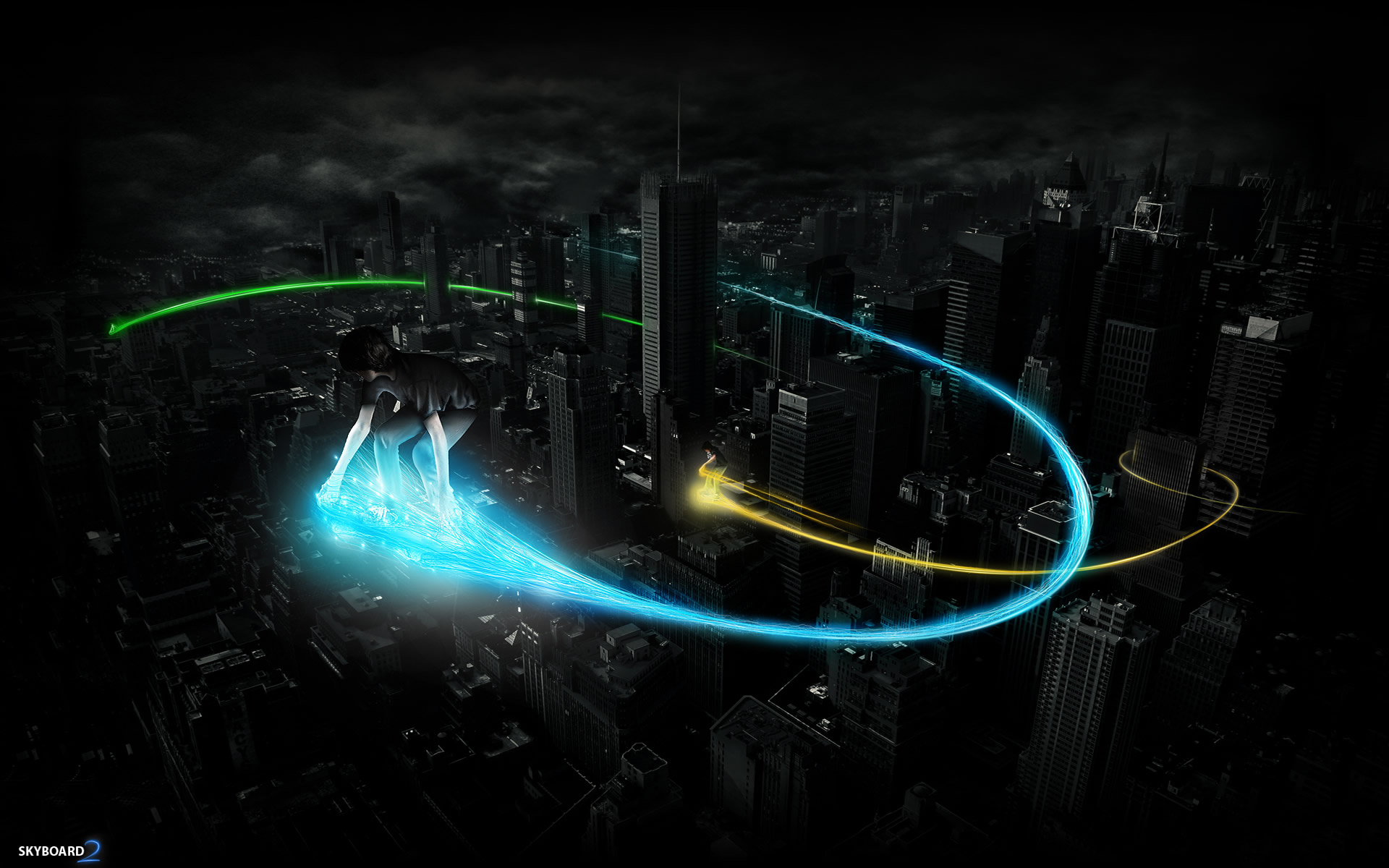 Girl surfing on light trails over city HD Wallpaper