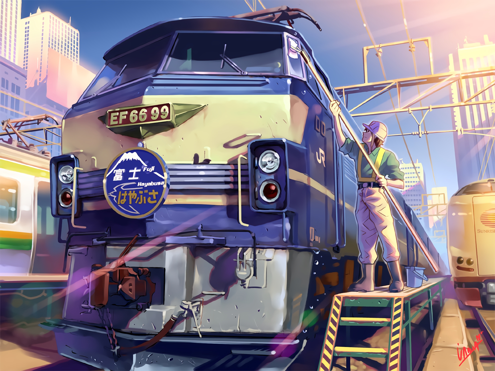 Anime train worker cleaning EF66 99 locomotive HD Wallpaper