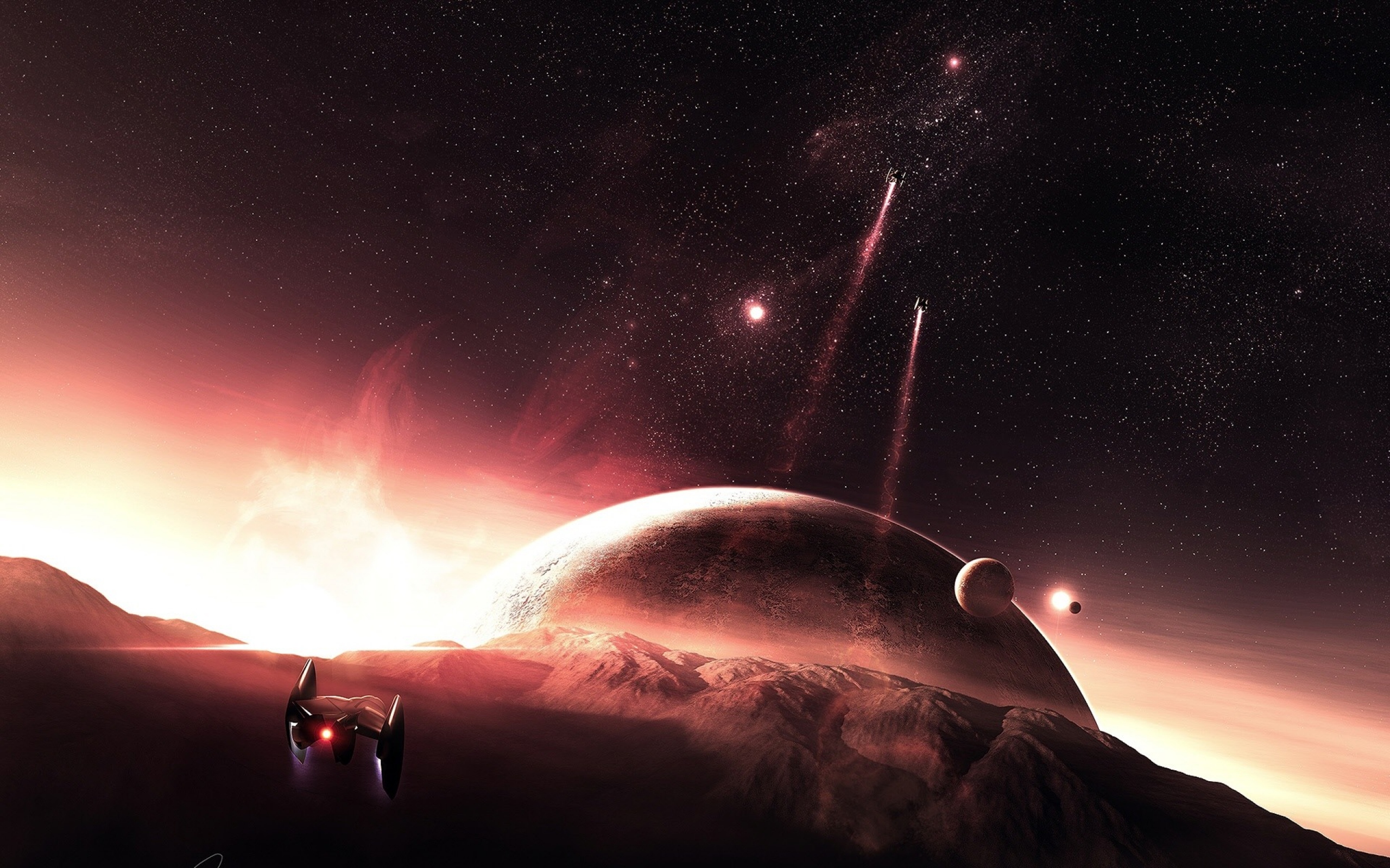Spaceships in a Sci-Fi Nebula with Planets HD Wallpaper
