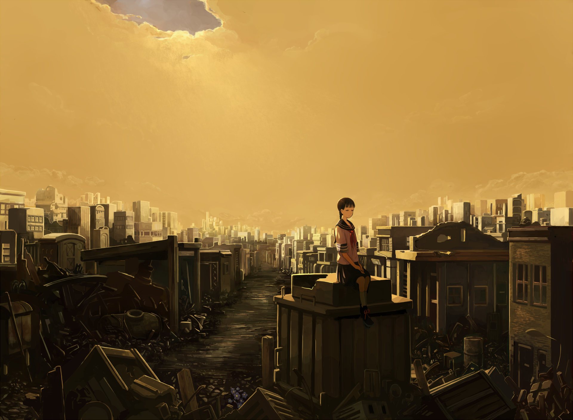 Girl sitting on ruined building in post-apocalyptic city HD Wallpaper
