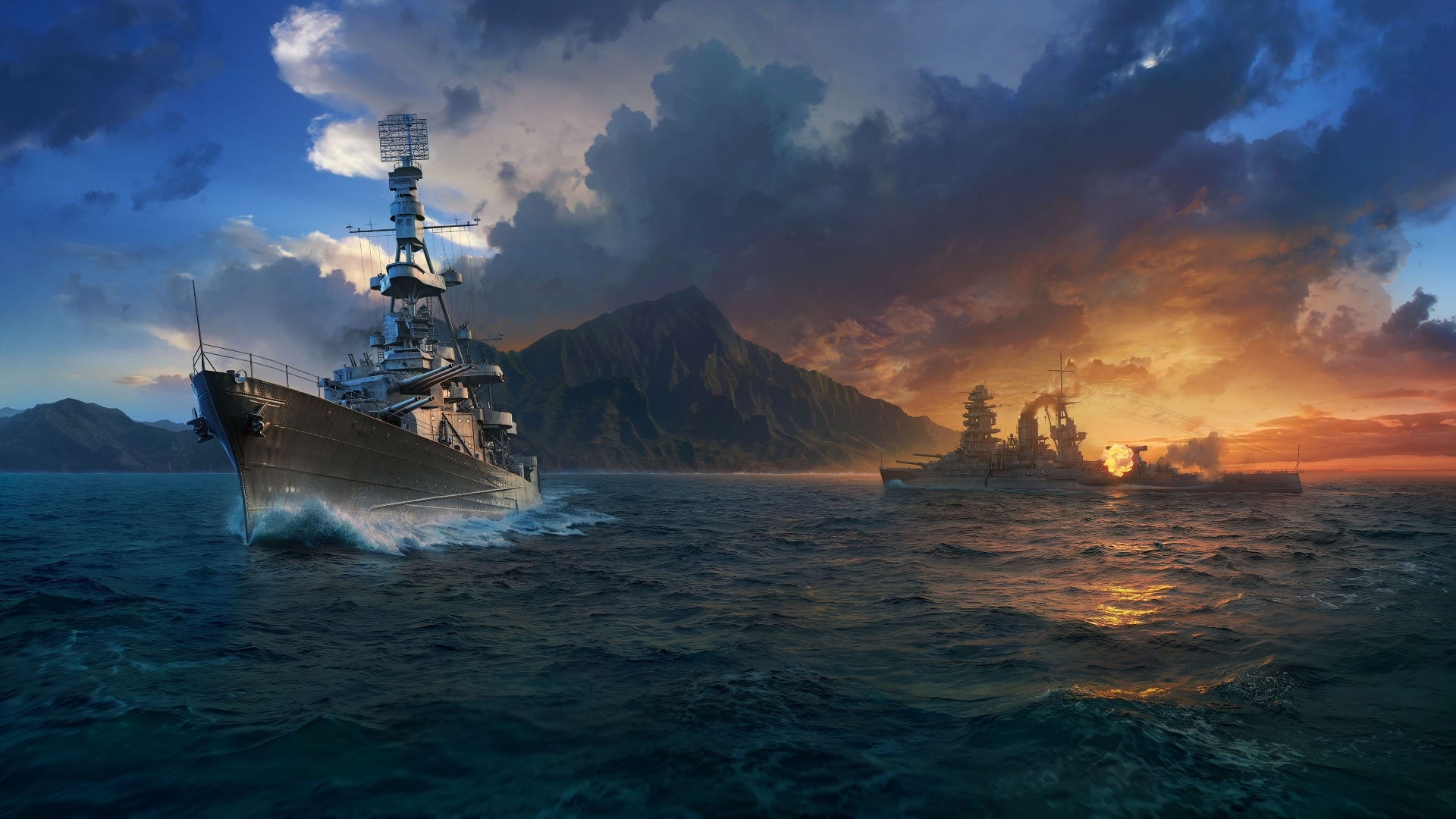 Battleships in the ocean at sunset HD Wallpaper