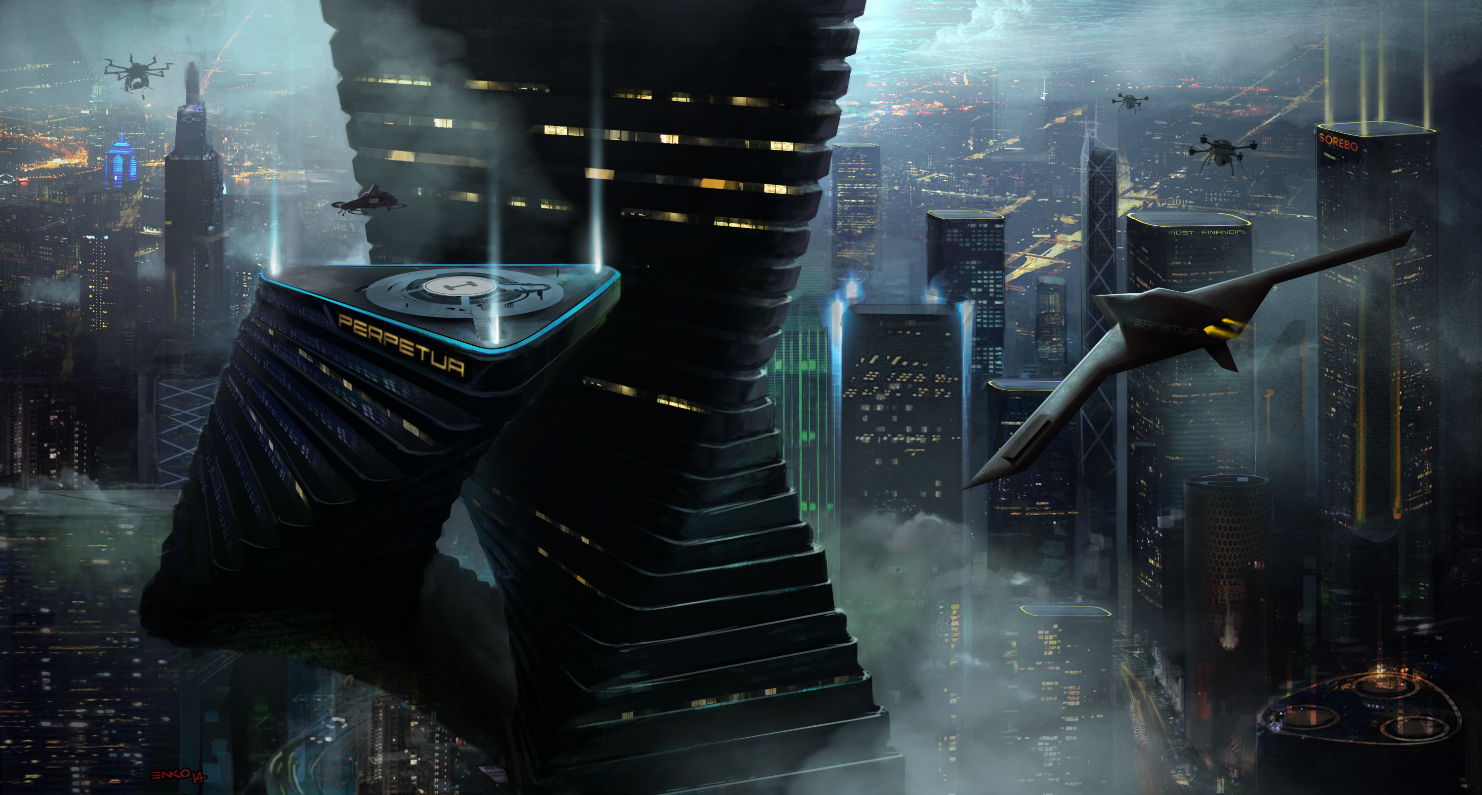 Futuristic Cityscape with Drones and Aircraft HD Wallpaper