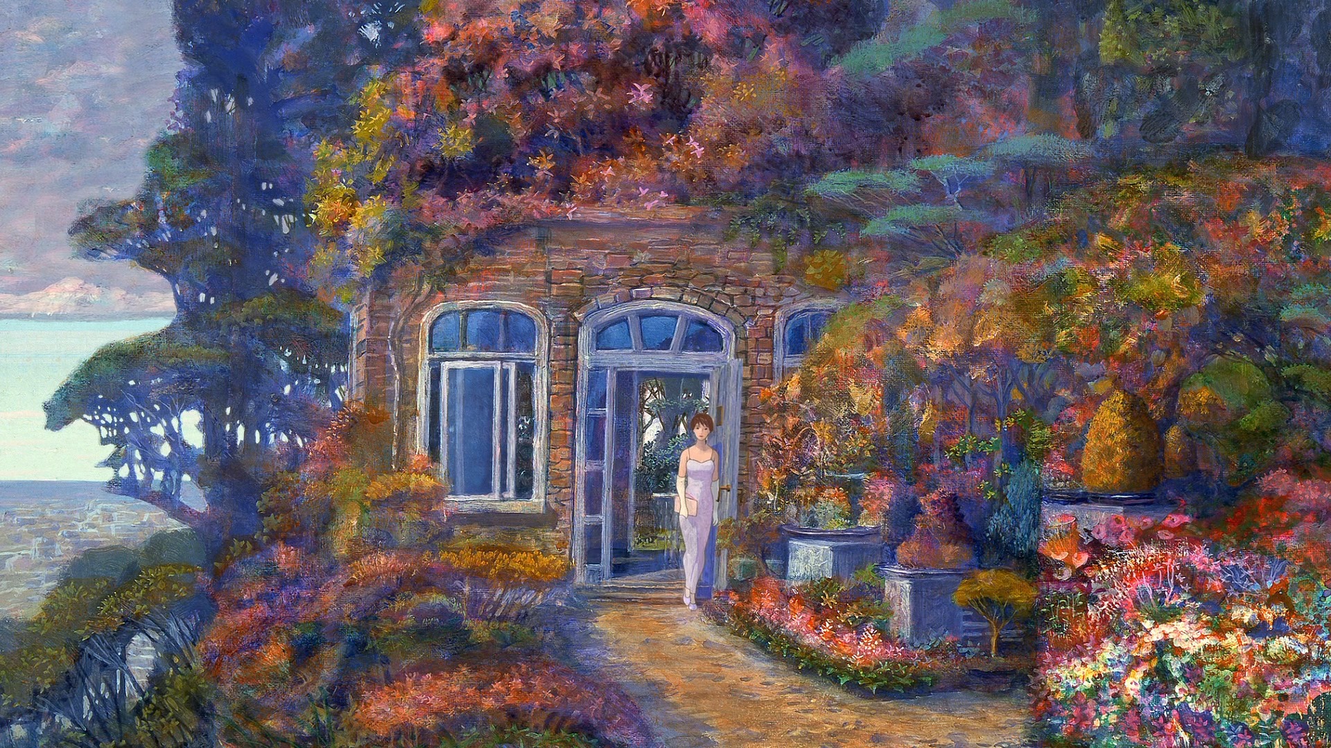 Woman in a dress standing by a brick house with colorful plants HD Wallpaper
