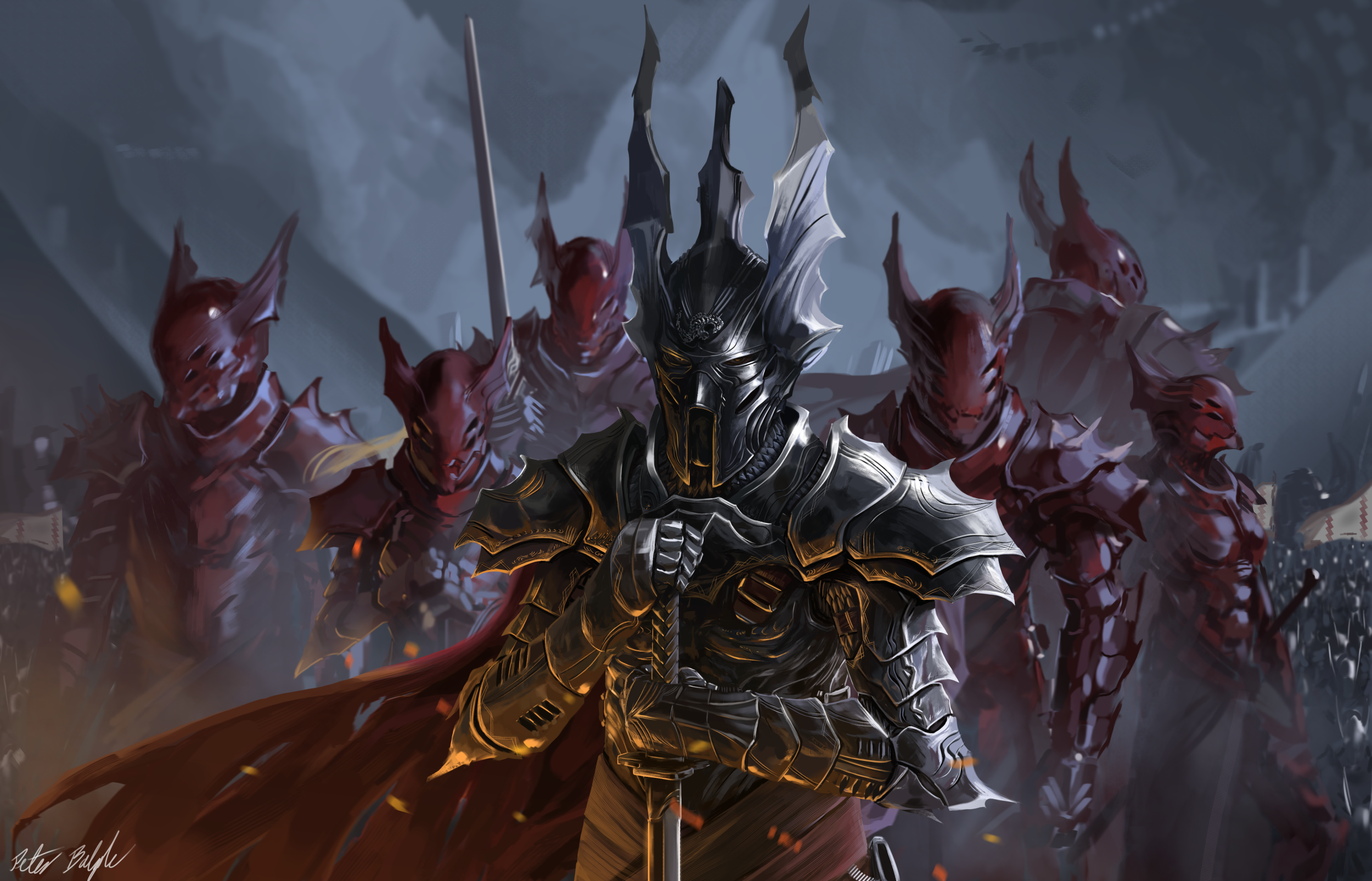 Fantasy Knights in Dark Armor and Red Armor HD Wallpaper