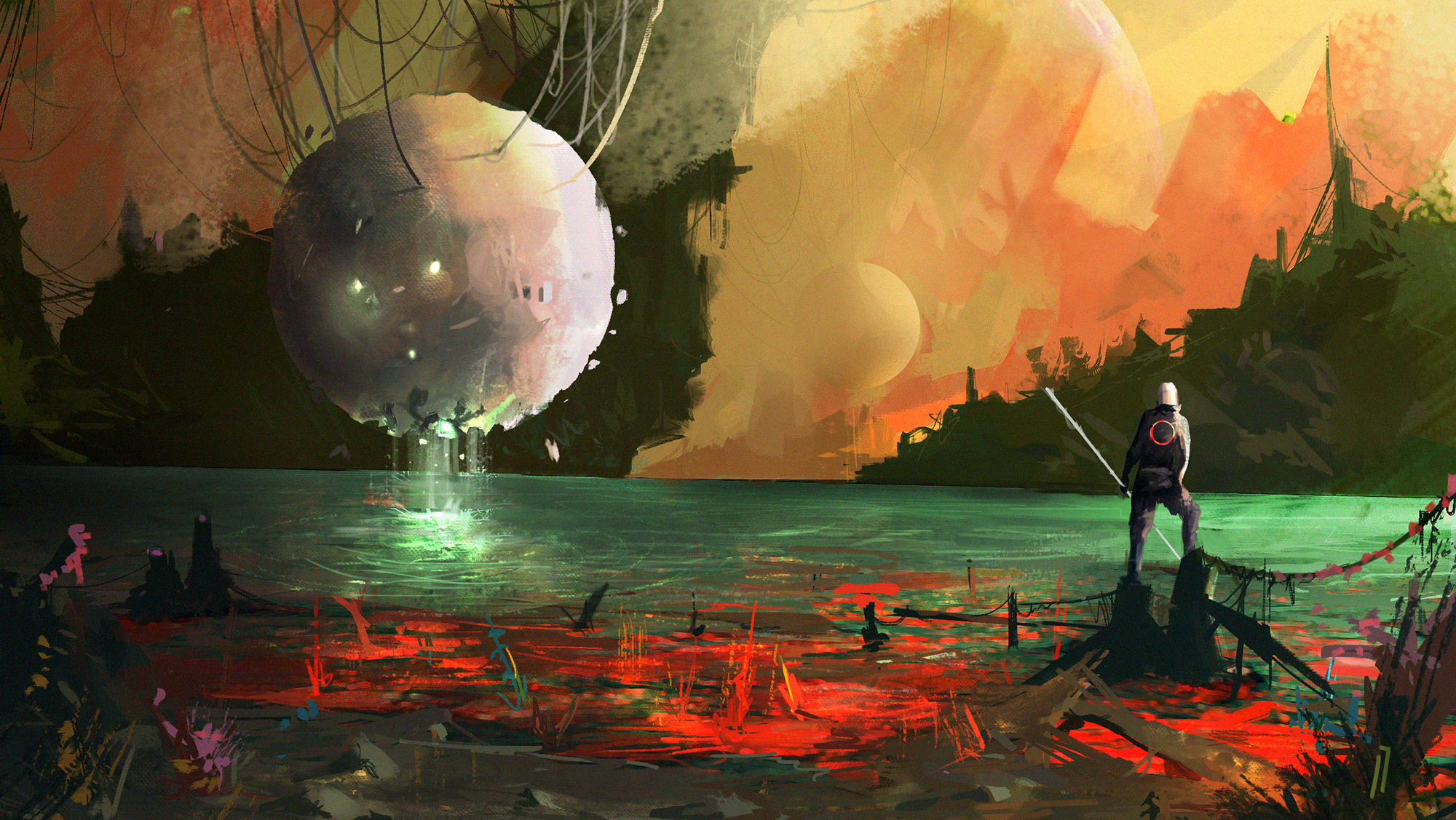 Man with sphere over alien lake HD Wallpaper