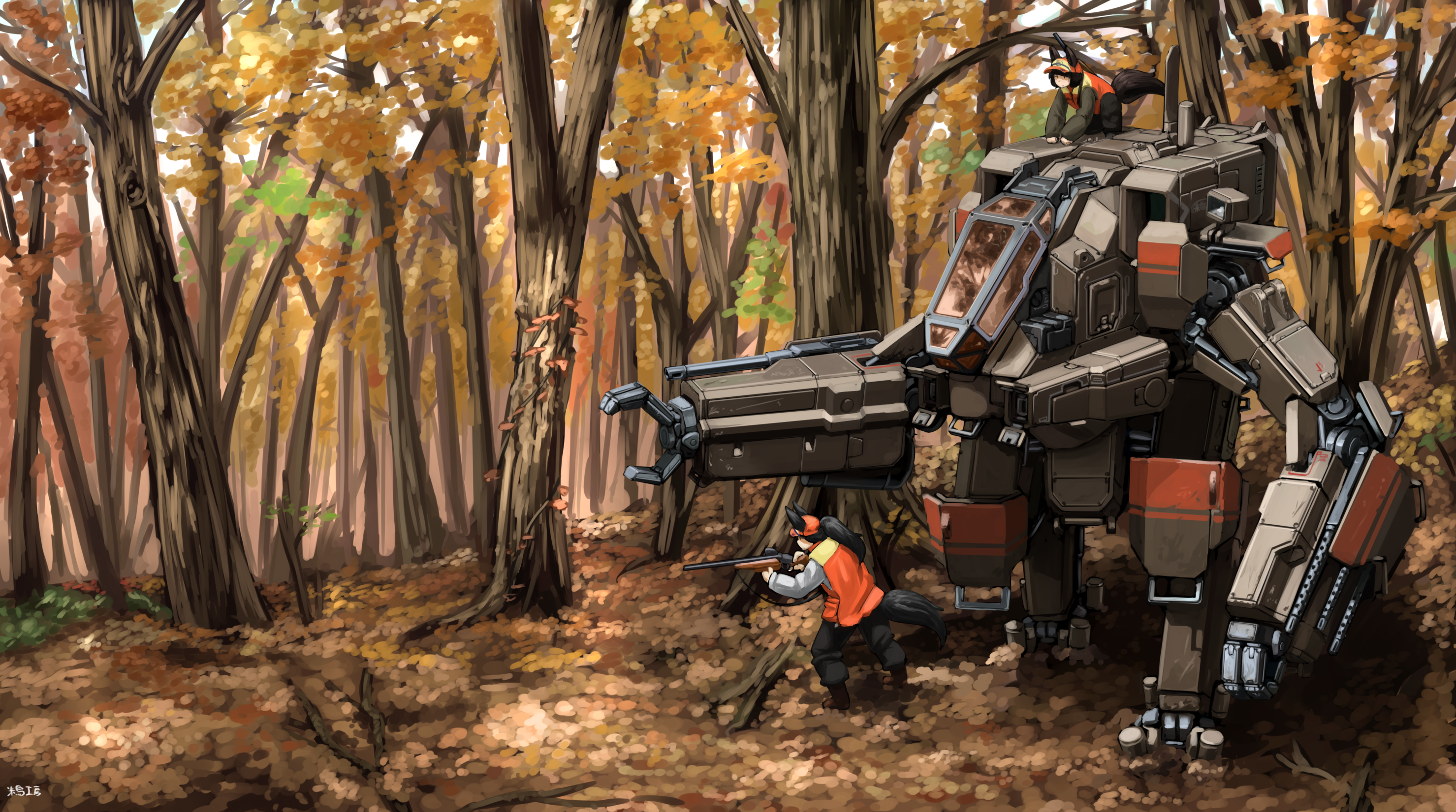 Mech and hunter in autumn forest HD Wallpaper