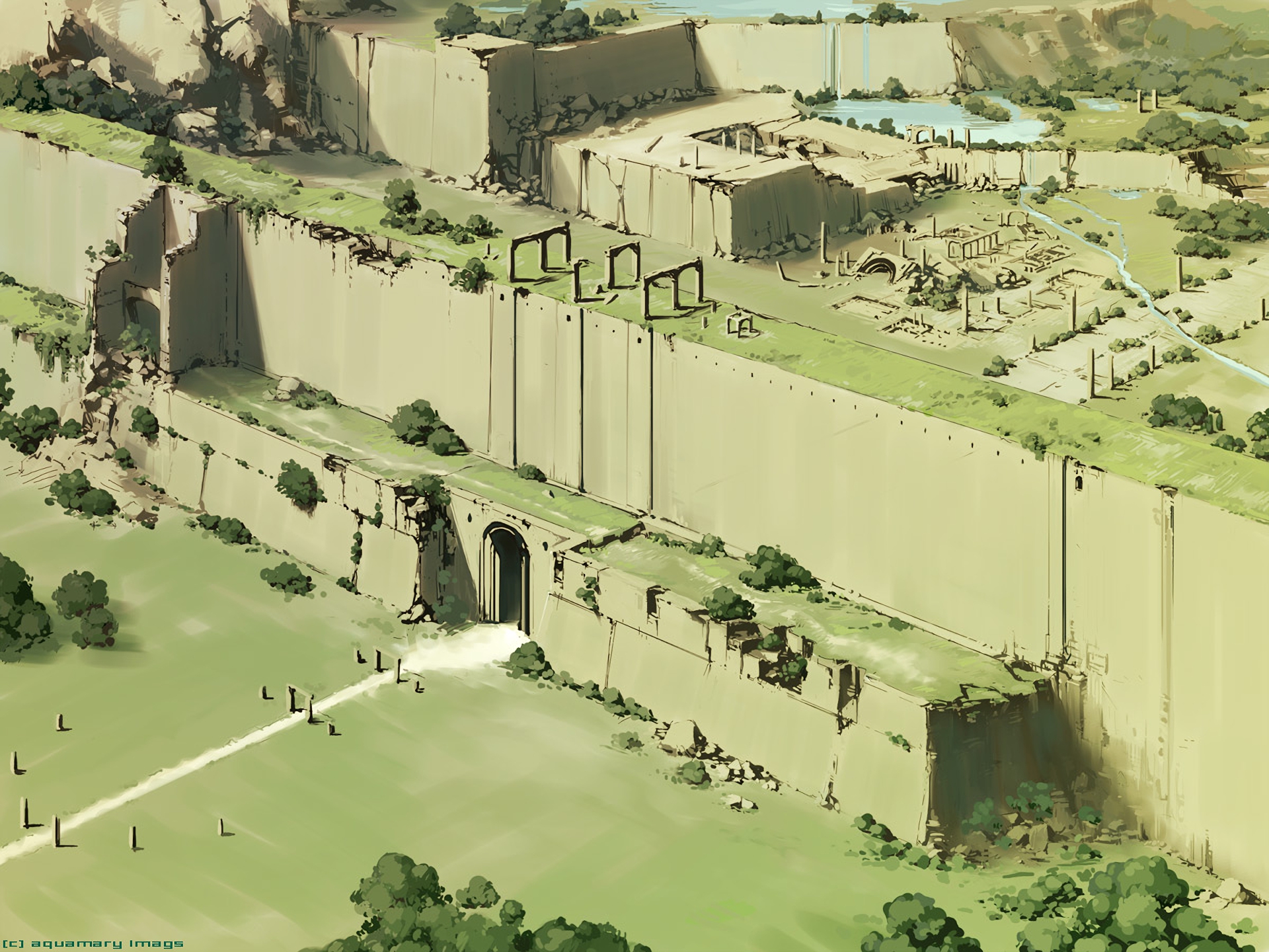 Anime original artwork of ancient ruins and walls HD Wallpaper