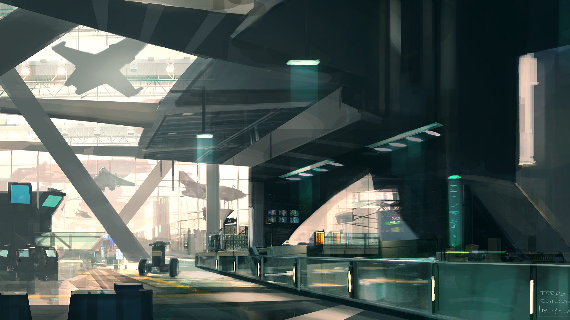Futuristic hangar with aircraft and consoles HD Wallpaper