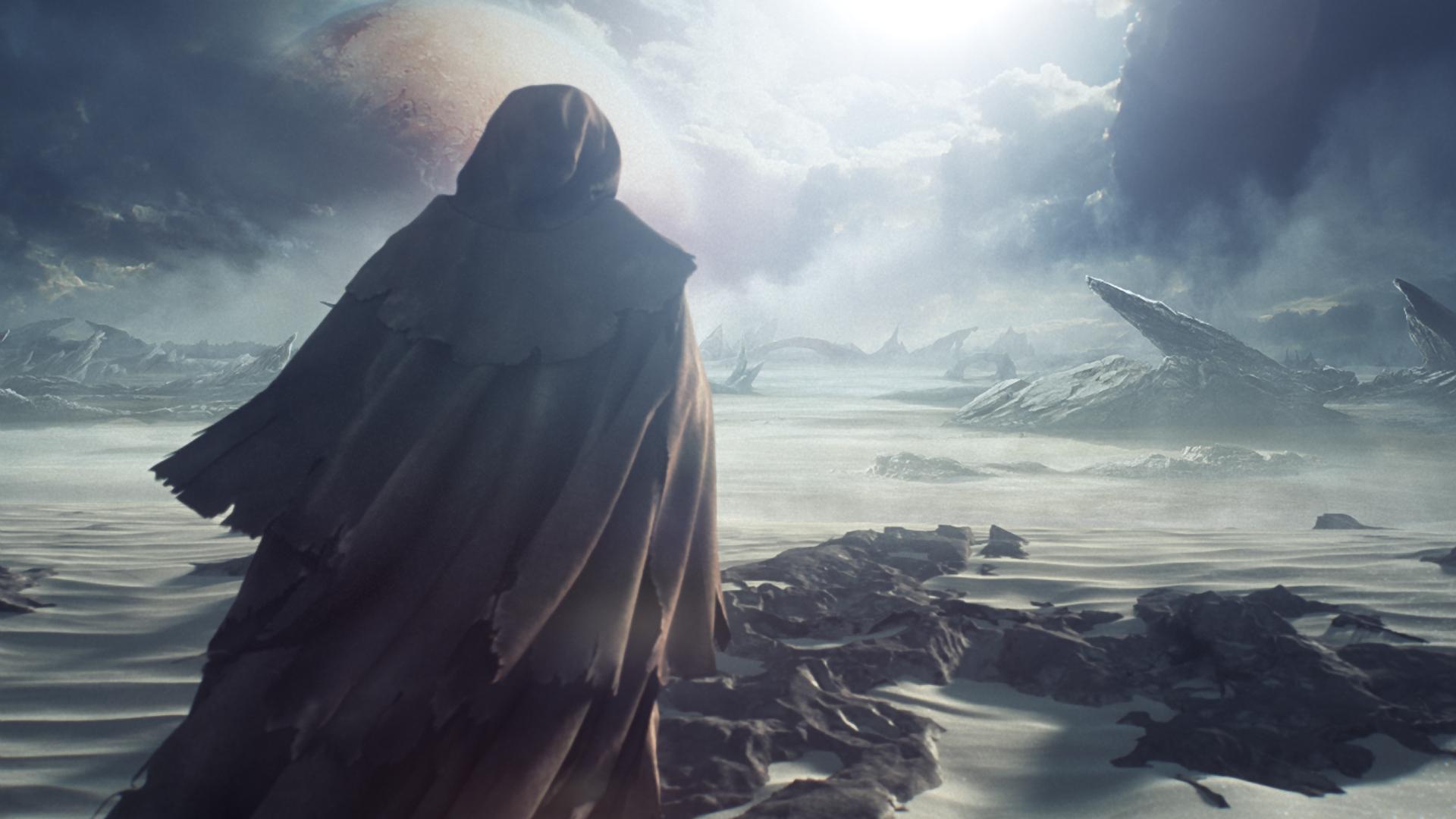 Figure in a cloak on a desolate planet from Halo 5: Guardians HD Wallpaper