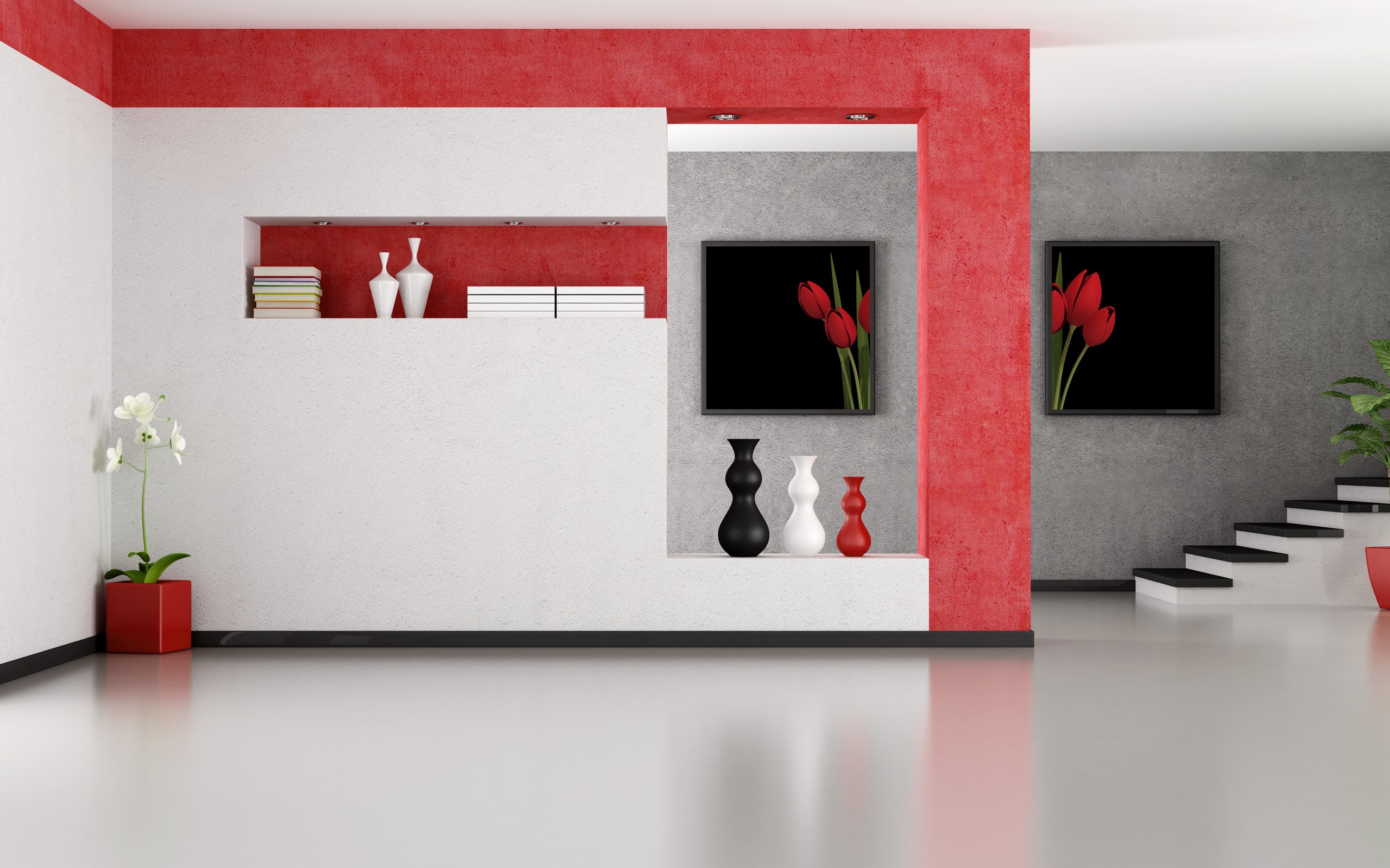 Modern living room with red and white accents HD Wallpaper