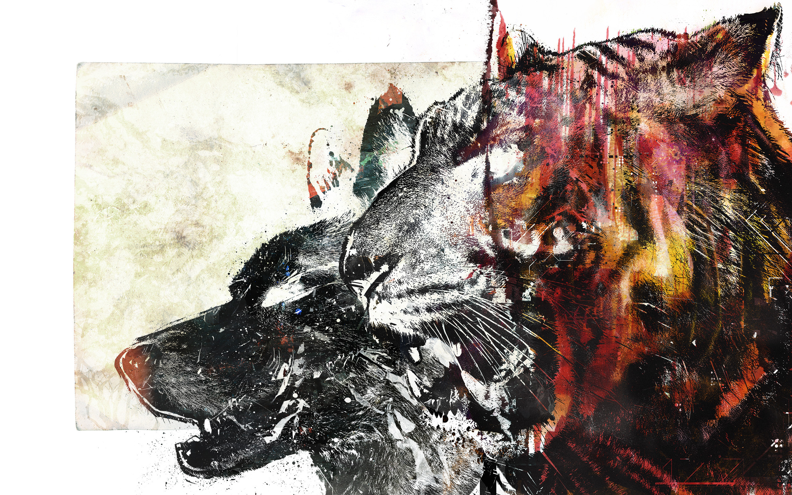 Artistic depiction of a wolf and tiger HD Wallpaper