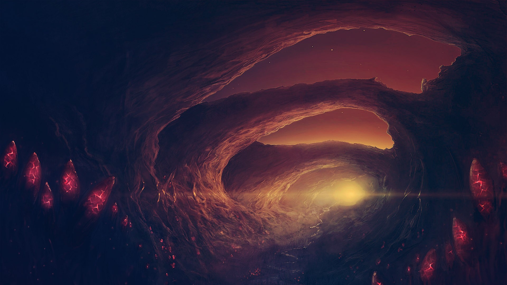 Fantasy cave with glowing crystals and sunset HD Wallpaper