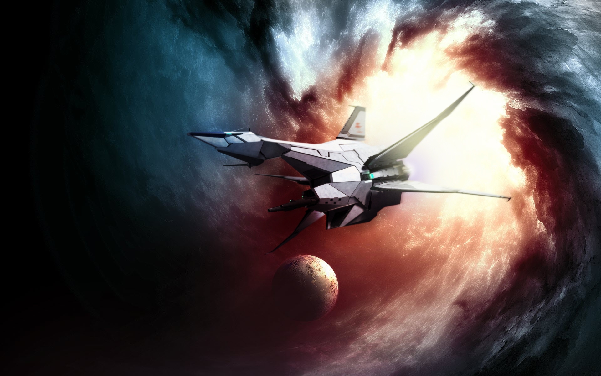 Spaceship near a planet in a nebula HD Wallpaper