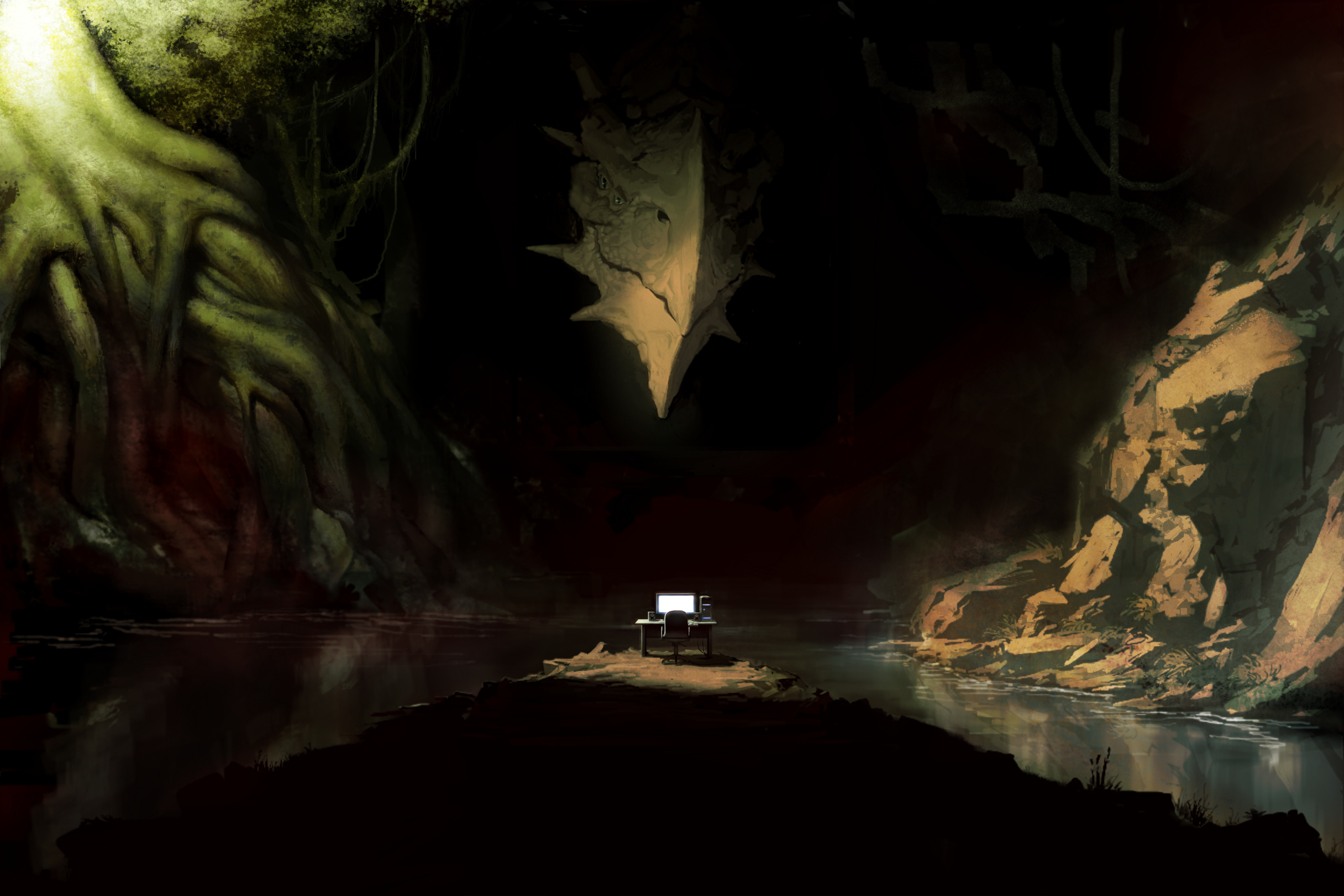 Fantasy landscape with a dragon skull and a desk HD Wallpaper