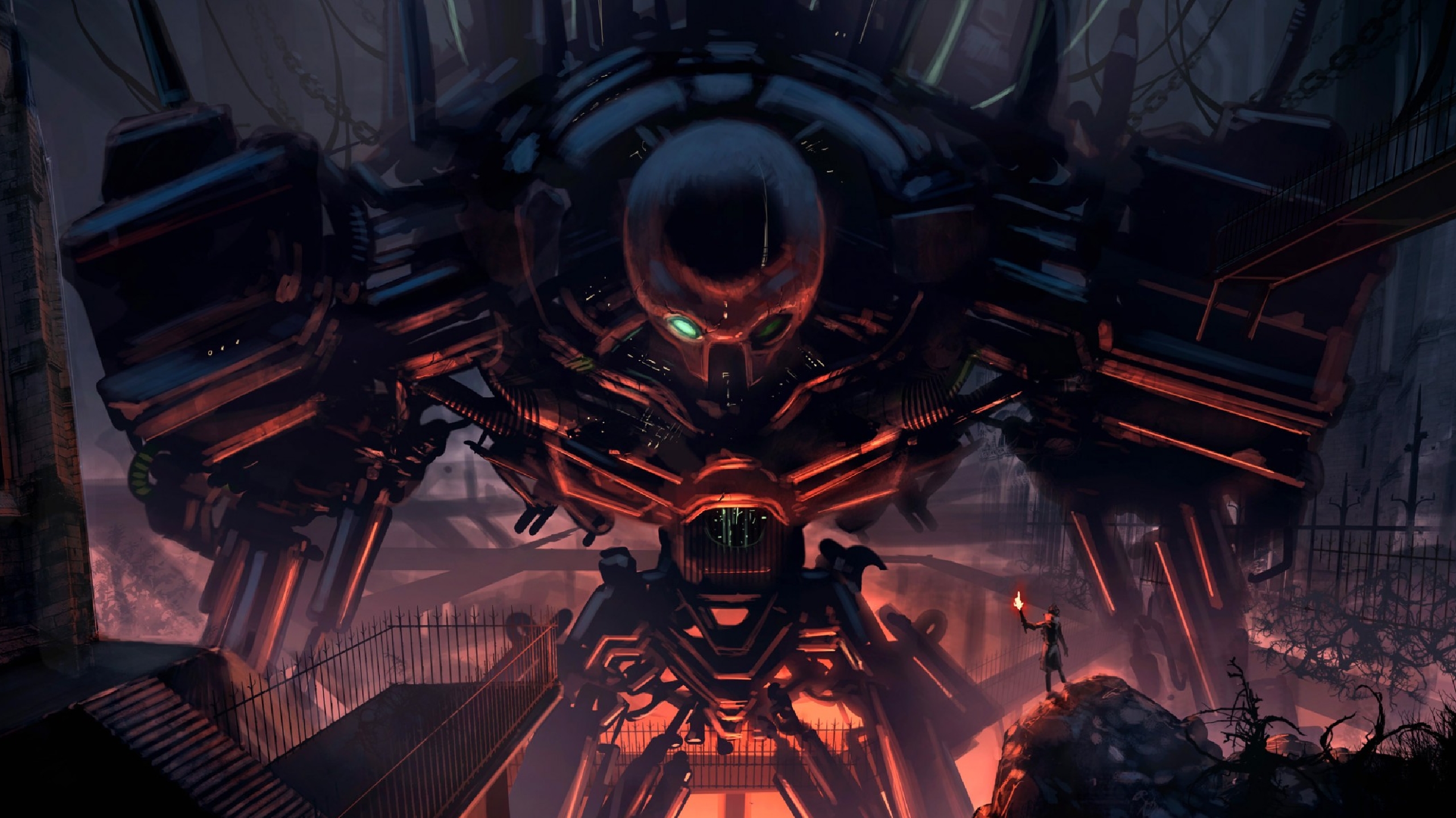 Giant Sci-Fi Robot in a Dark City HD Wallpaper