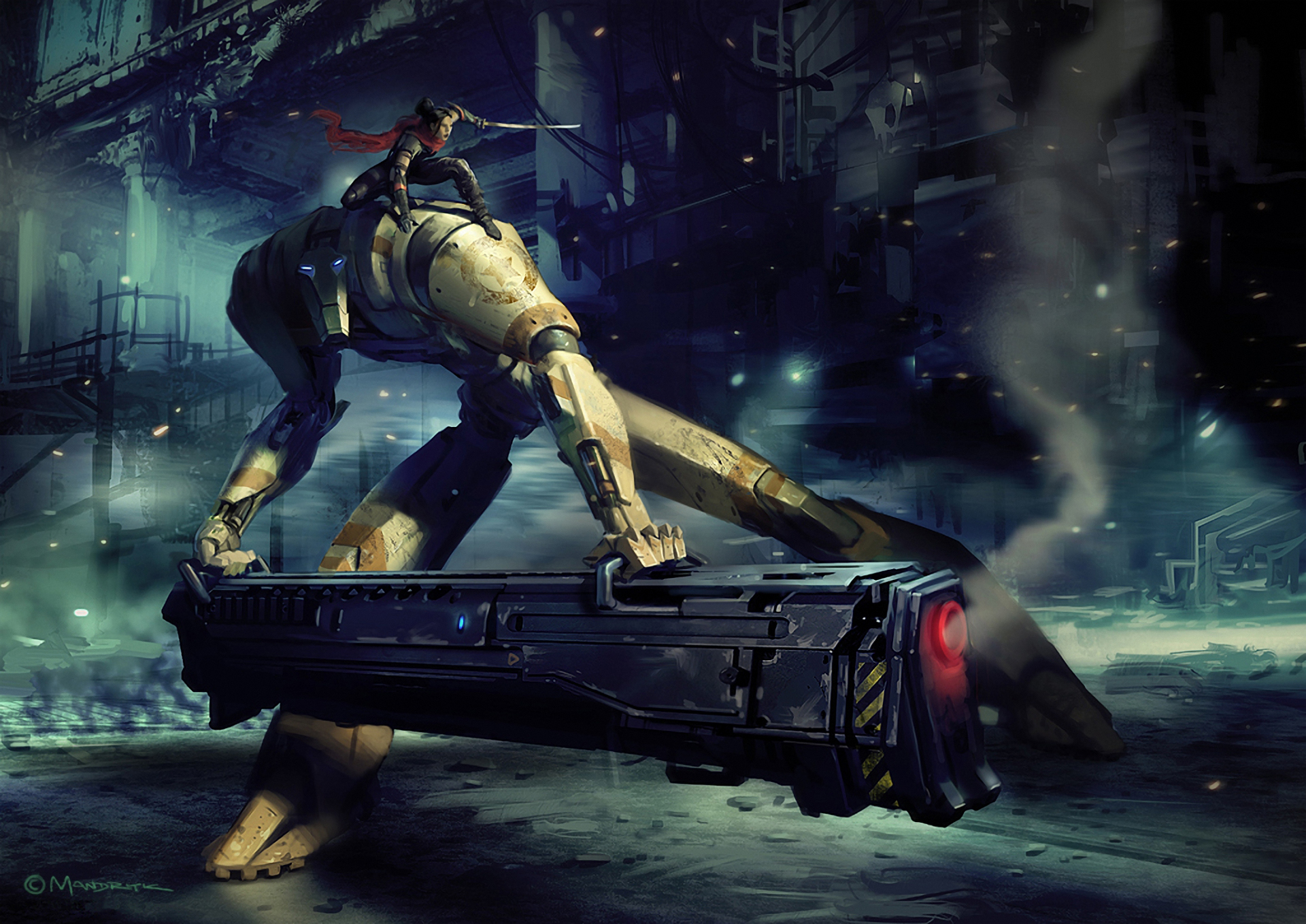 Girl on a mech holding a large weapon in a destroyed city HD Wallpaper