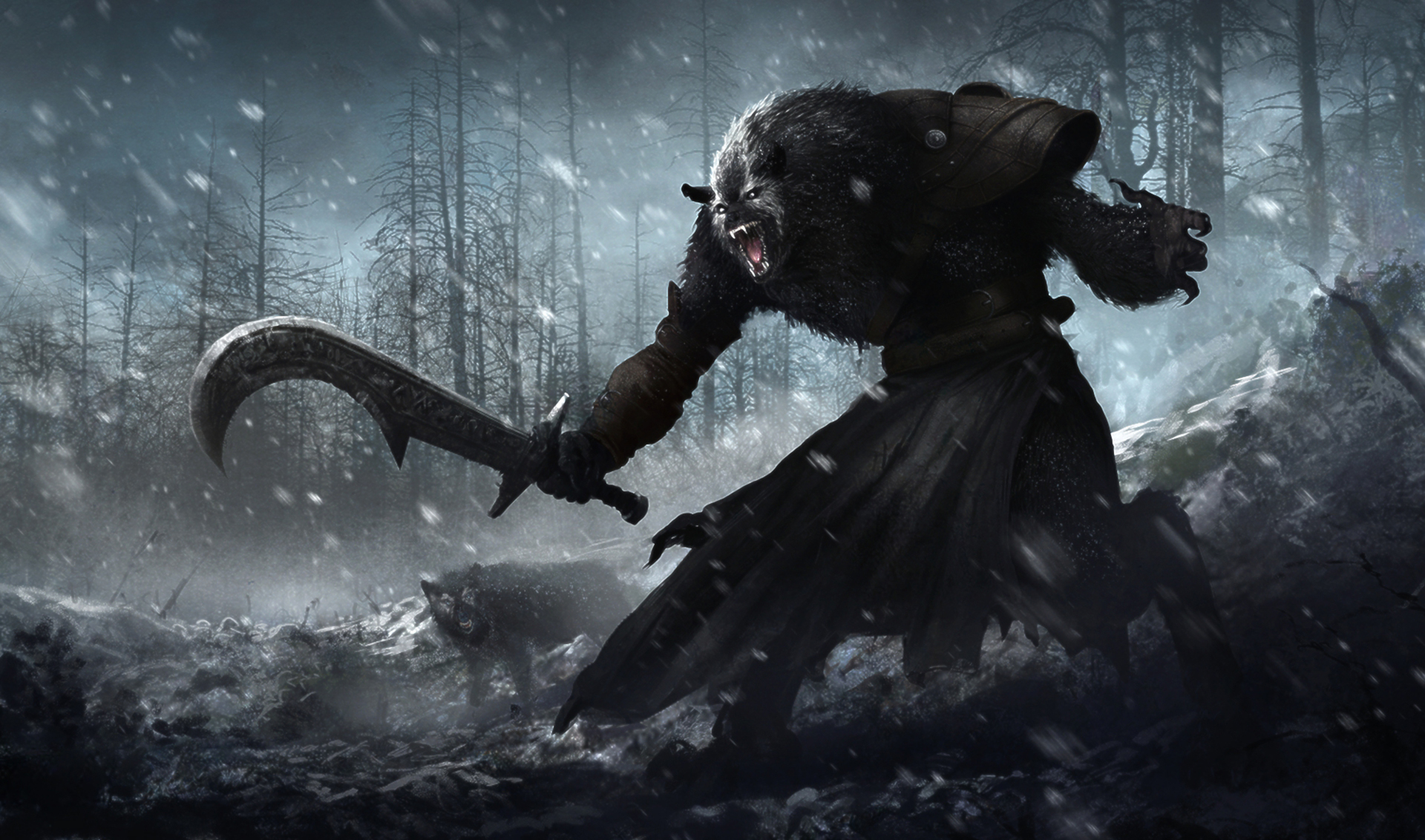 Werewolf warrior with sword in snowy forest HD Wallpaper