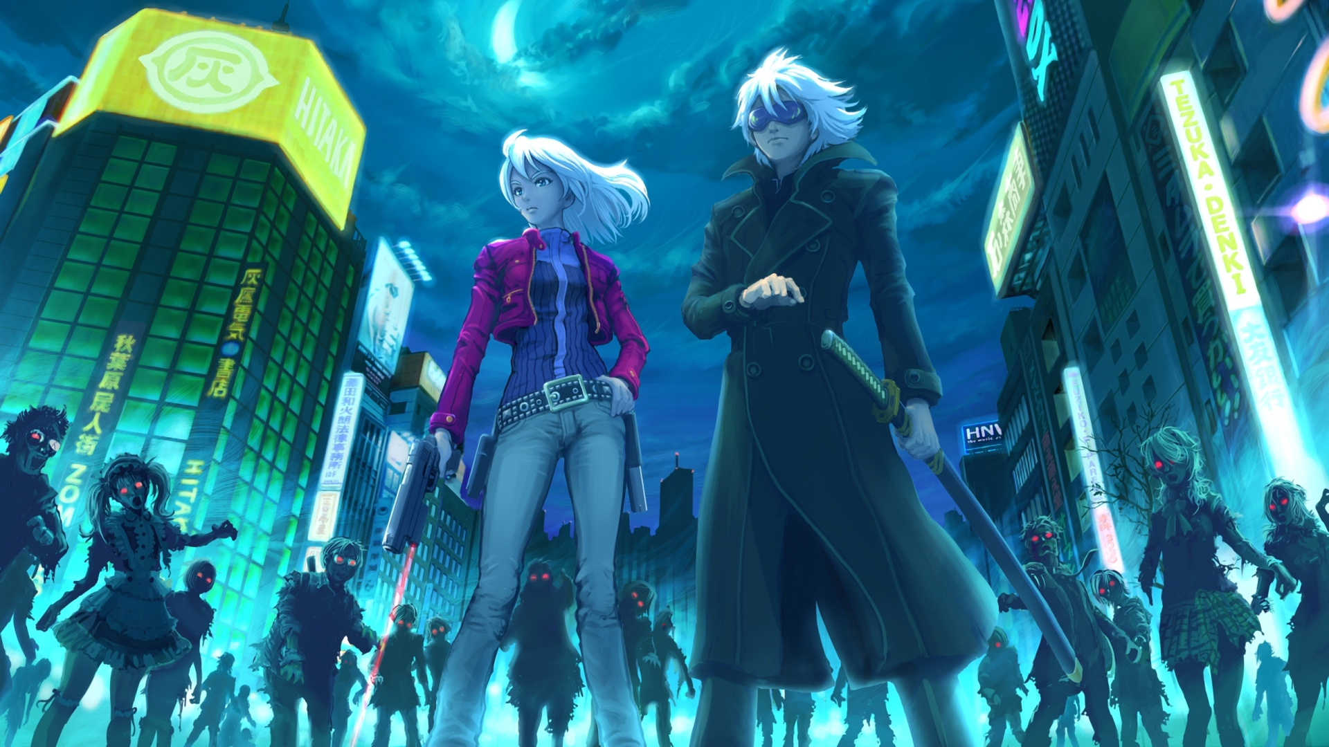 Anime characters fighting zombies in a neon city HD Wallpaper