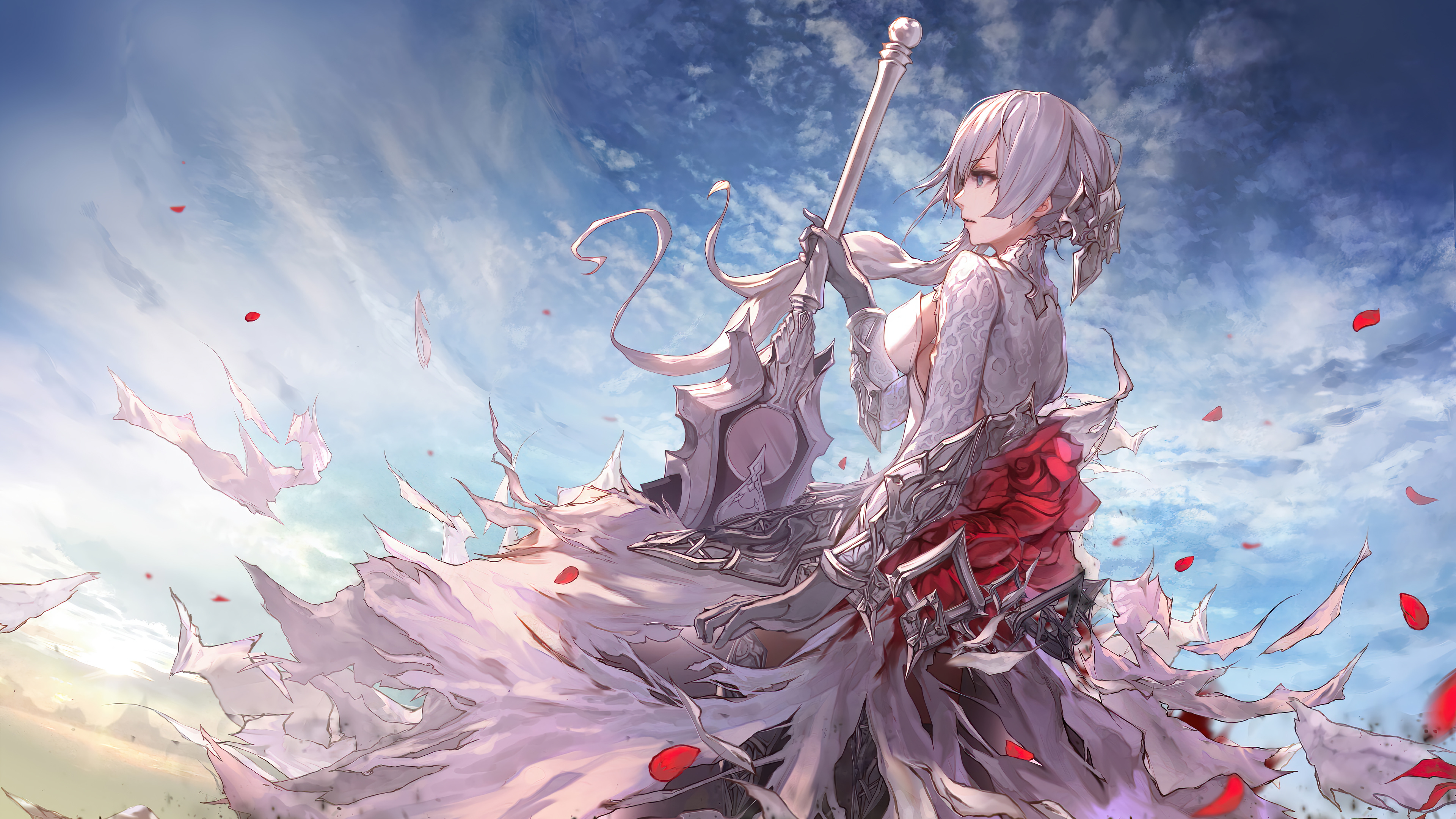 Anime Girl Warrior with Sword and Rose Dress 4K HD Wallpaper