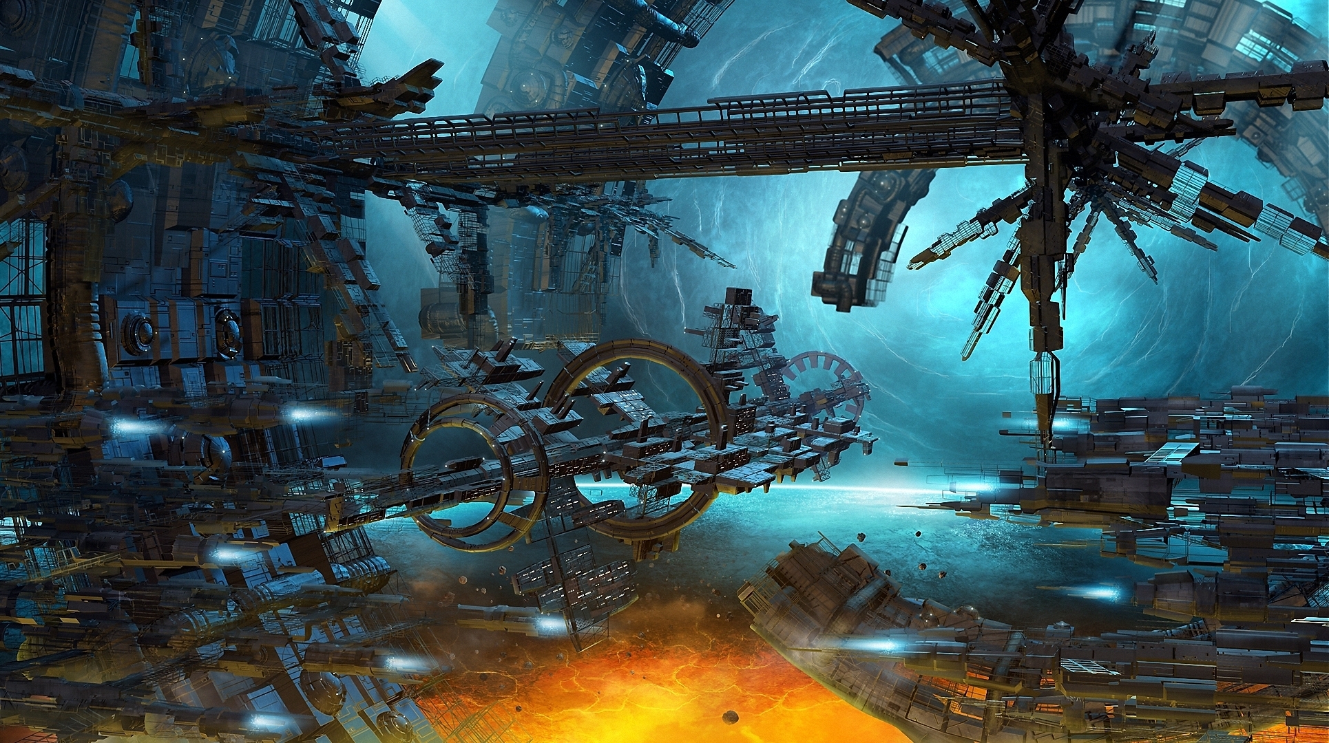 Sci-Fi spaceship interior with glowing orange and blue lights HD Wallpaper