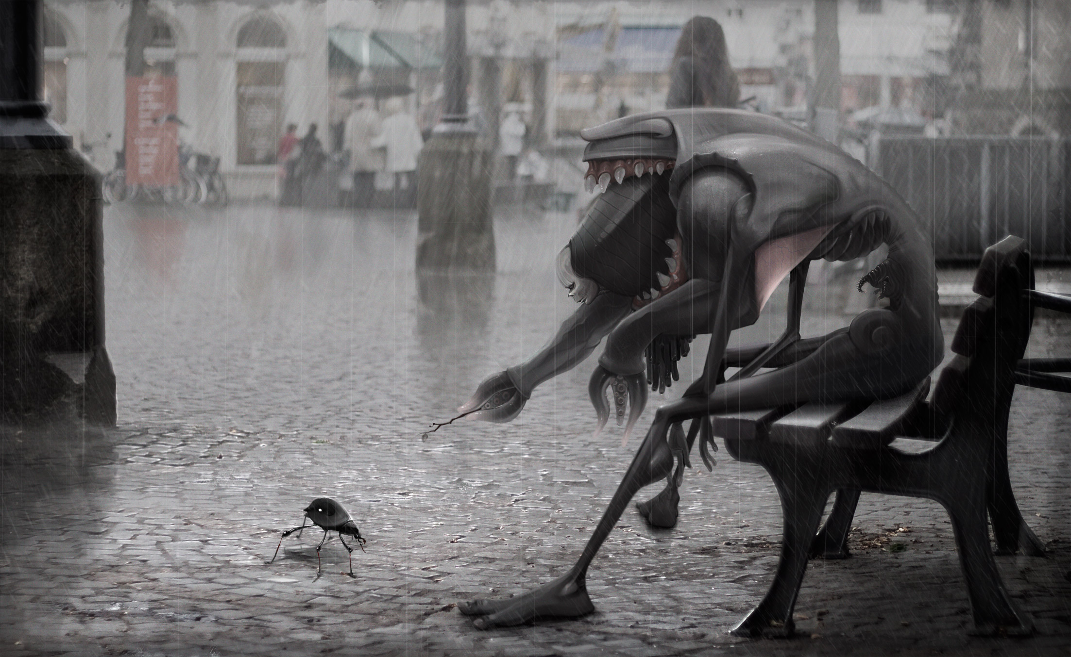 Dark creature and small creature in the rain HD Wallpaper