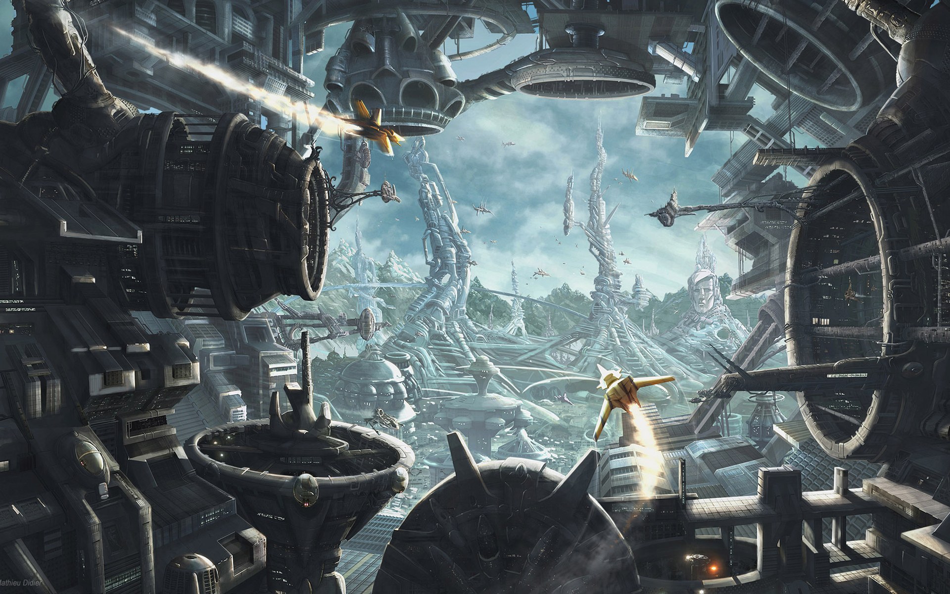 Futuristic Cityscape with Sci-Fi Ships HD Wallpaper