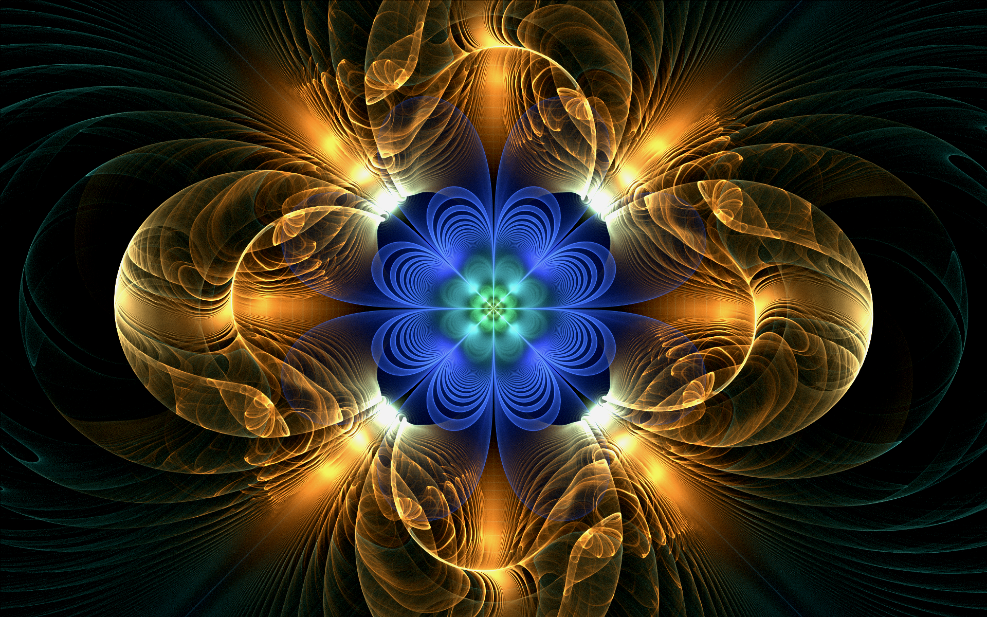 Glowing Abstract Fractal Flower in Blue and Gold HD Wallpaper