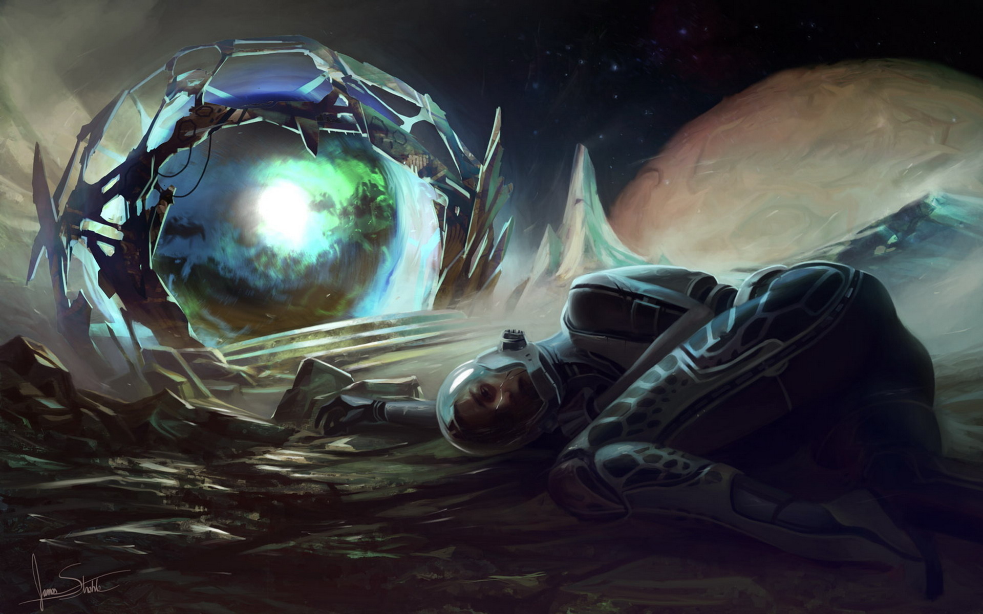 Astronaut lying on alien planet near portal HD Wallpaper
