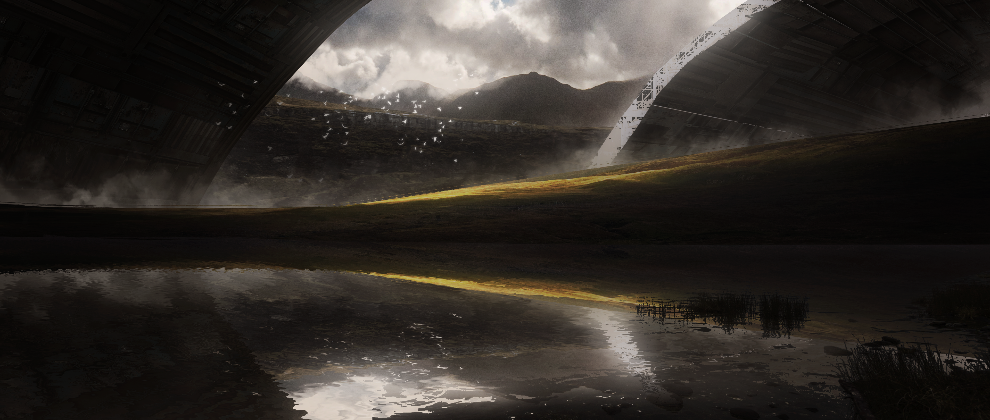 Futuristic structures over a reflective lake and mountains HD Wallpaper