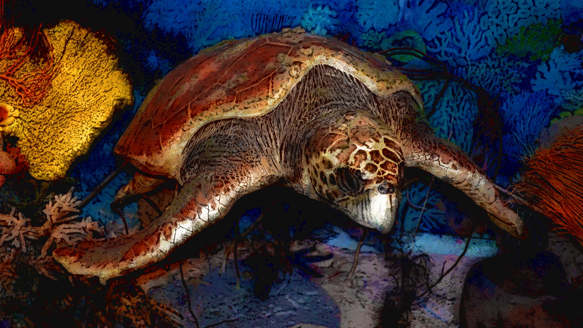 Artistic illustration of a sea turtle underwater HD Wallpaper