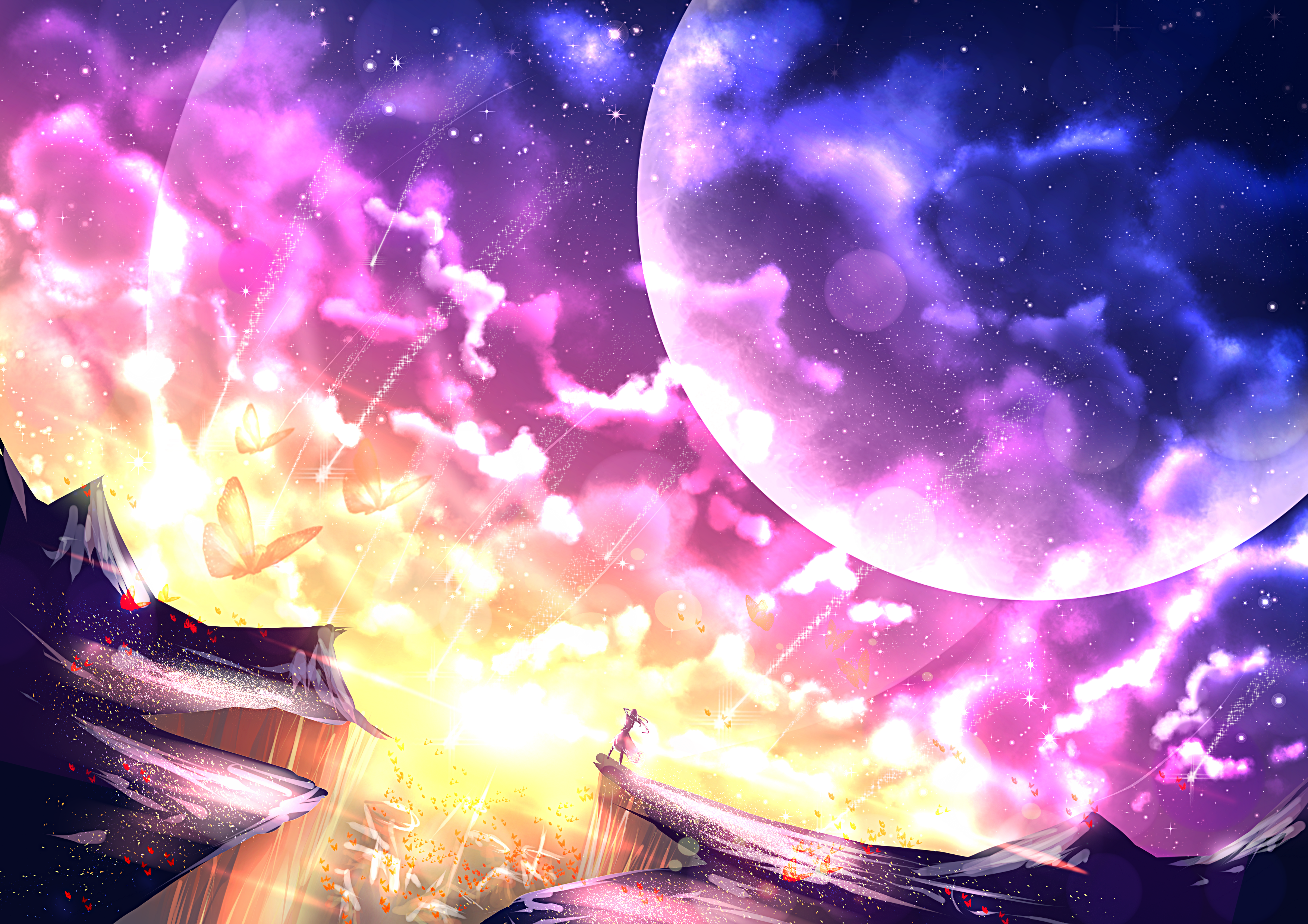 Anime girl on mountain with butterflies and moon HD Wallpaper