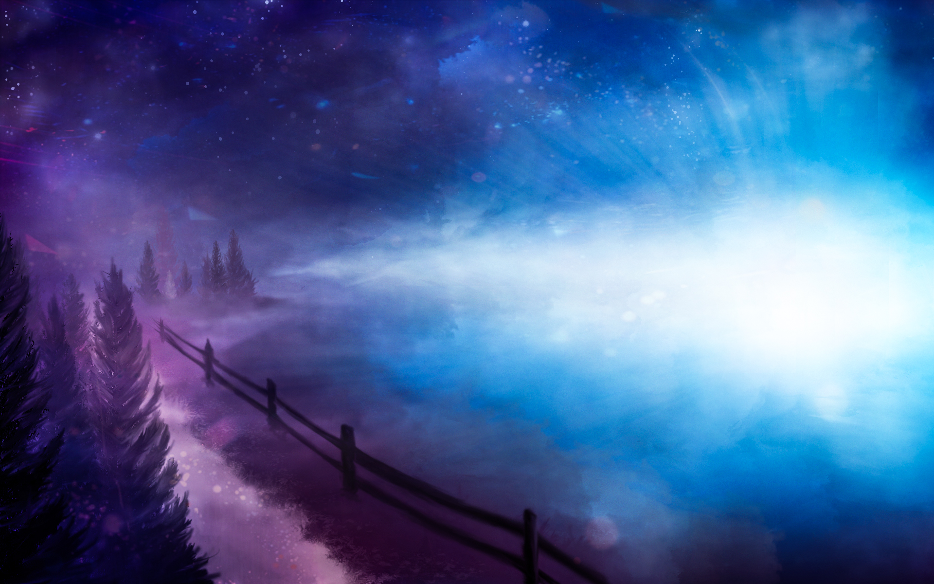Starry night sky over a foggy forest road HD Wallpaper