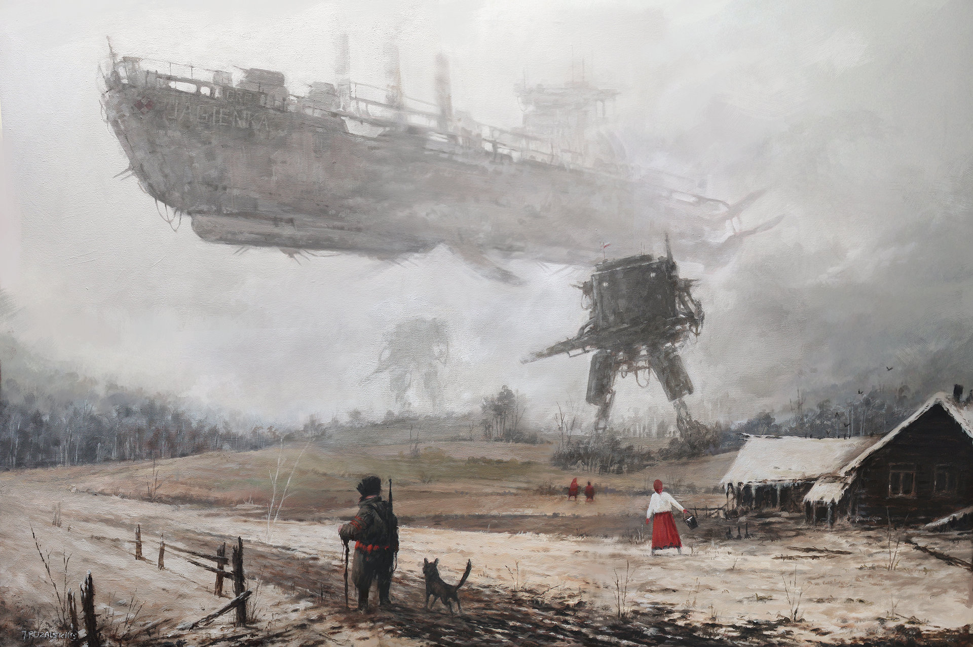 Scythe: Giant airship and mechs over a village HD Wallpaper