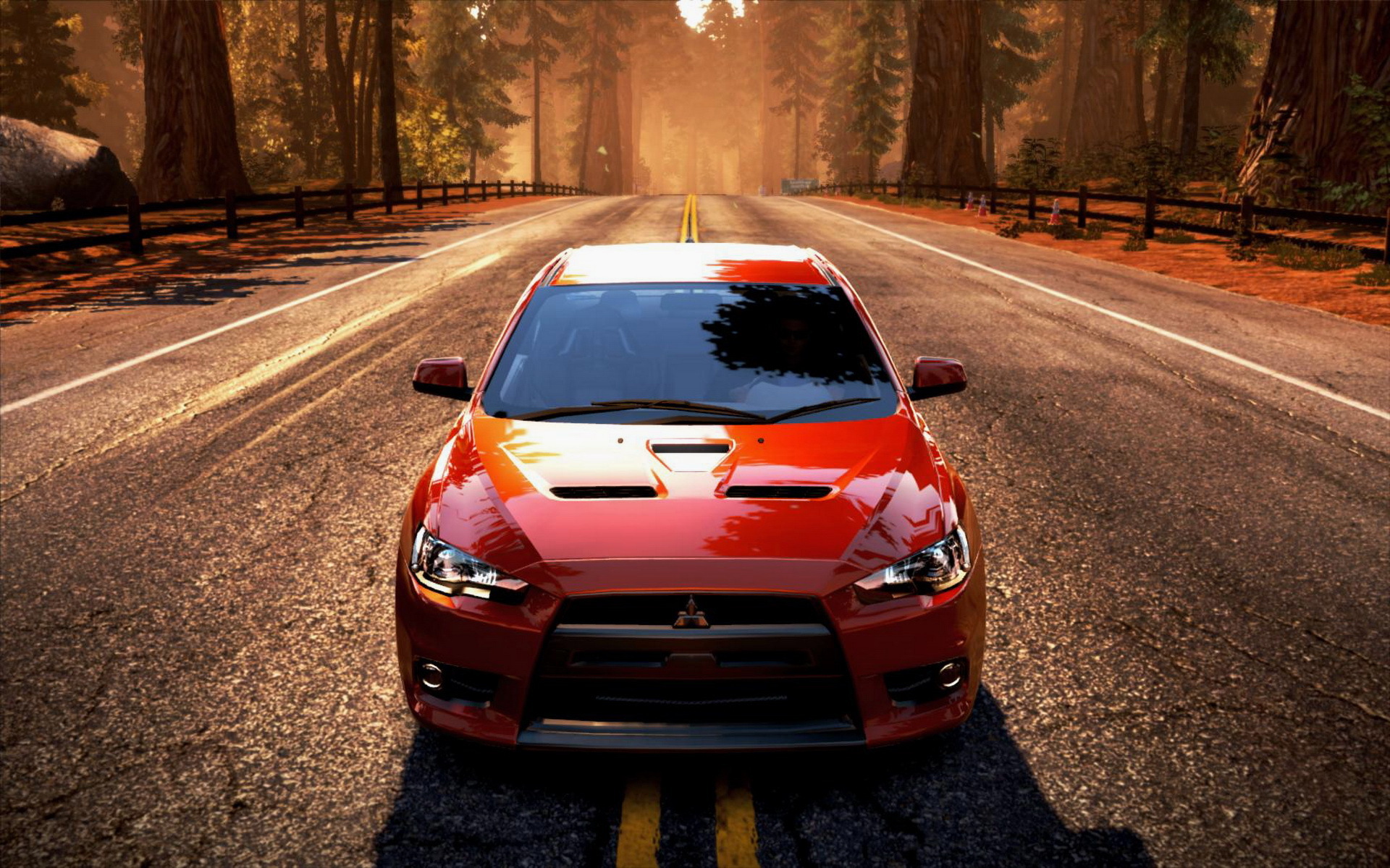 Red Mitsubishi Lancer Evolution X on a forest road HD Wallpaper