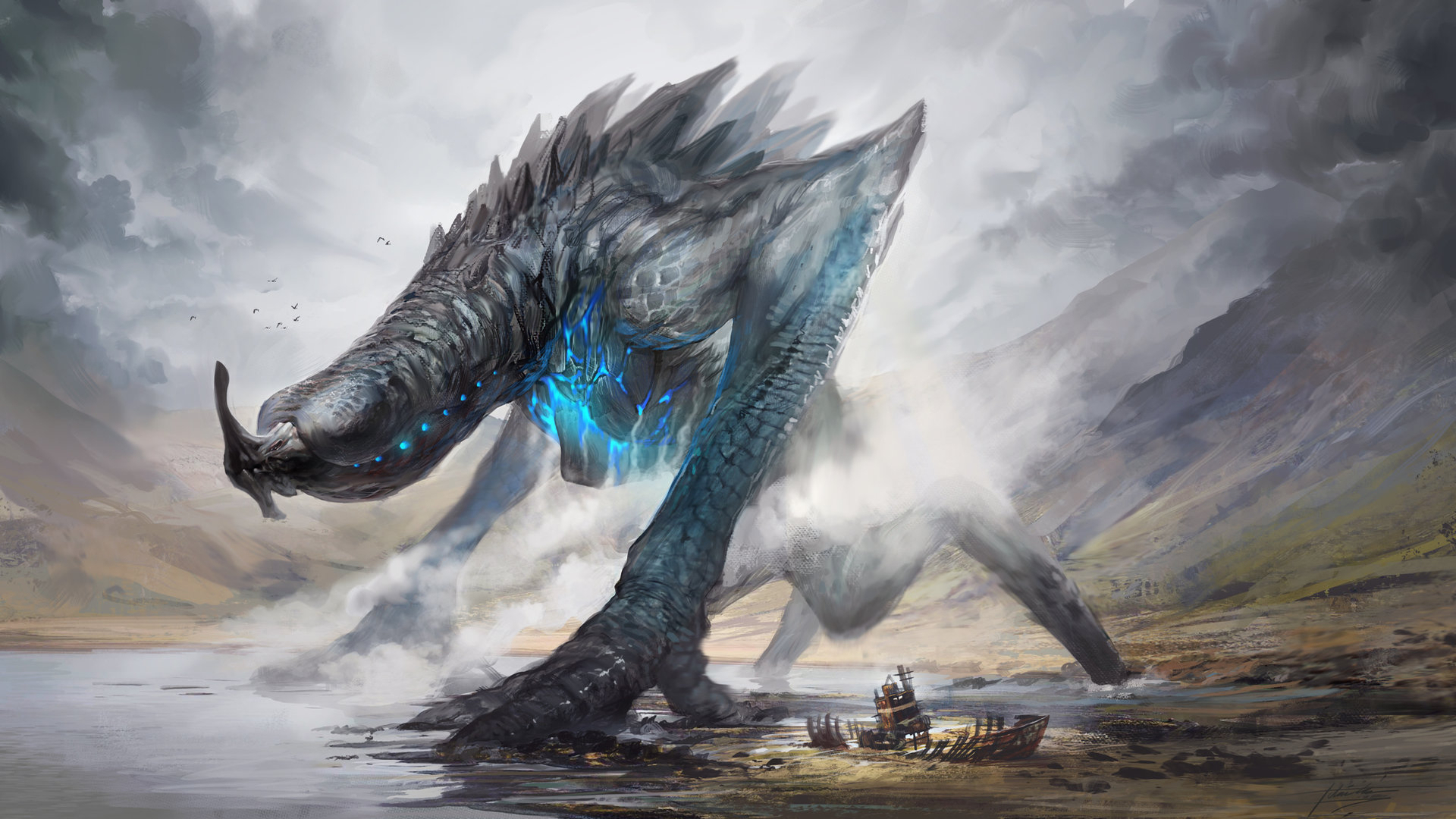 Fantasy Creature on a Shore with Shipwreck HD Wallpaper