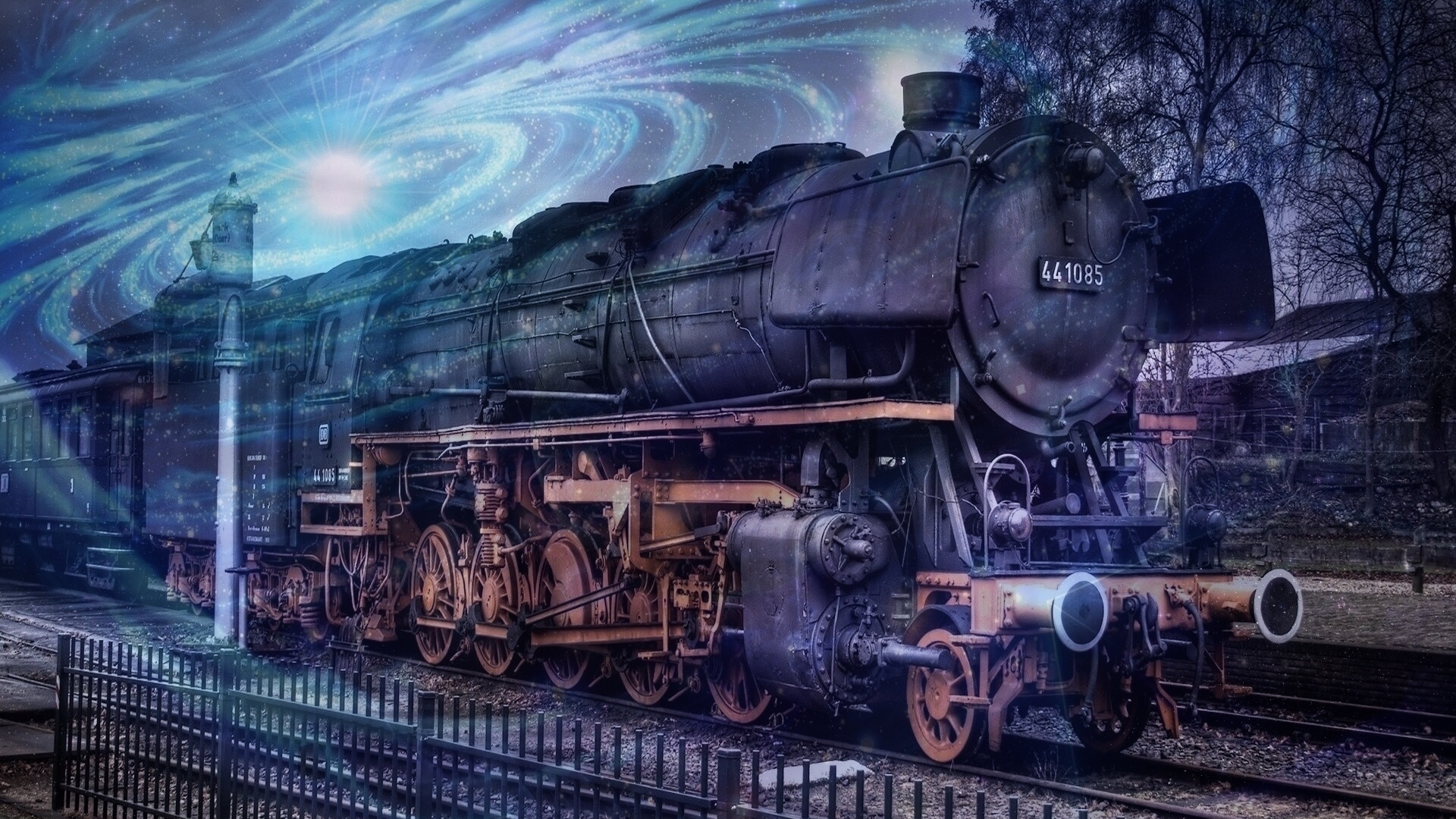 Steam train in a cosmic landscape HD Wallpaper