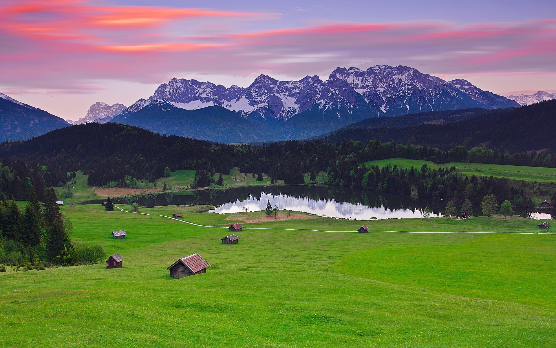 Alpine lake and mountains at sunset HD Wallpaper