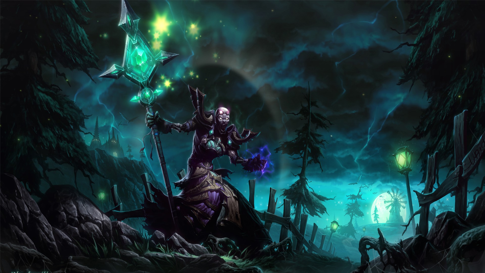 Undead Wizard with Emerald Staff in Dark Fantasy Landscape HD Wallpaper