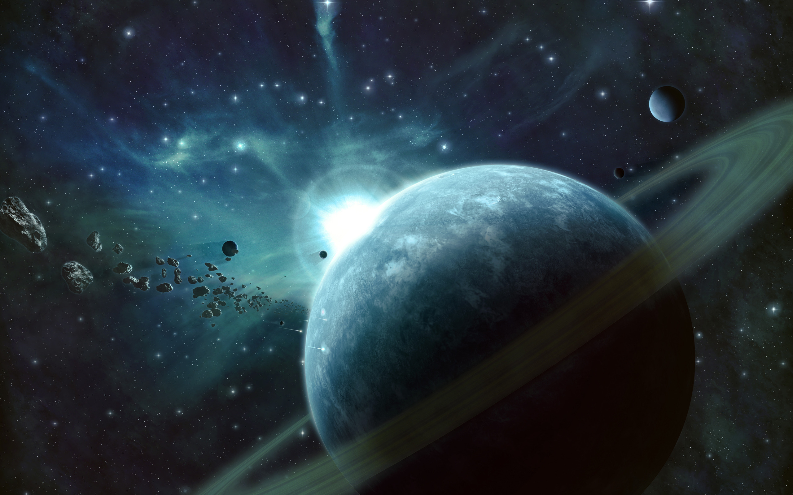 Sci Fi Planet with Rings and Asteroids HD Wallpaper