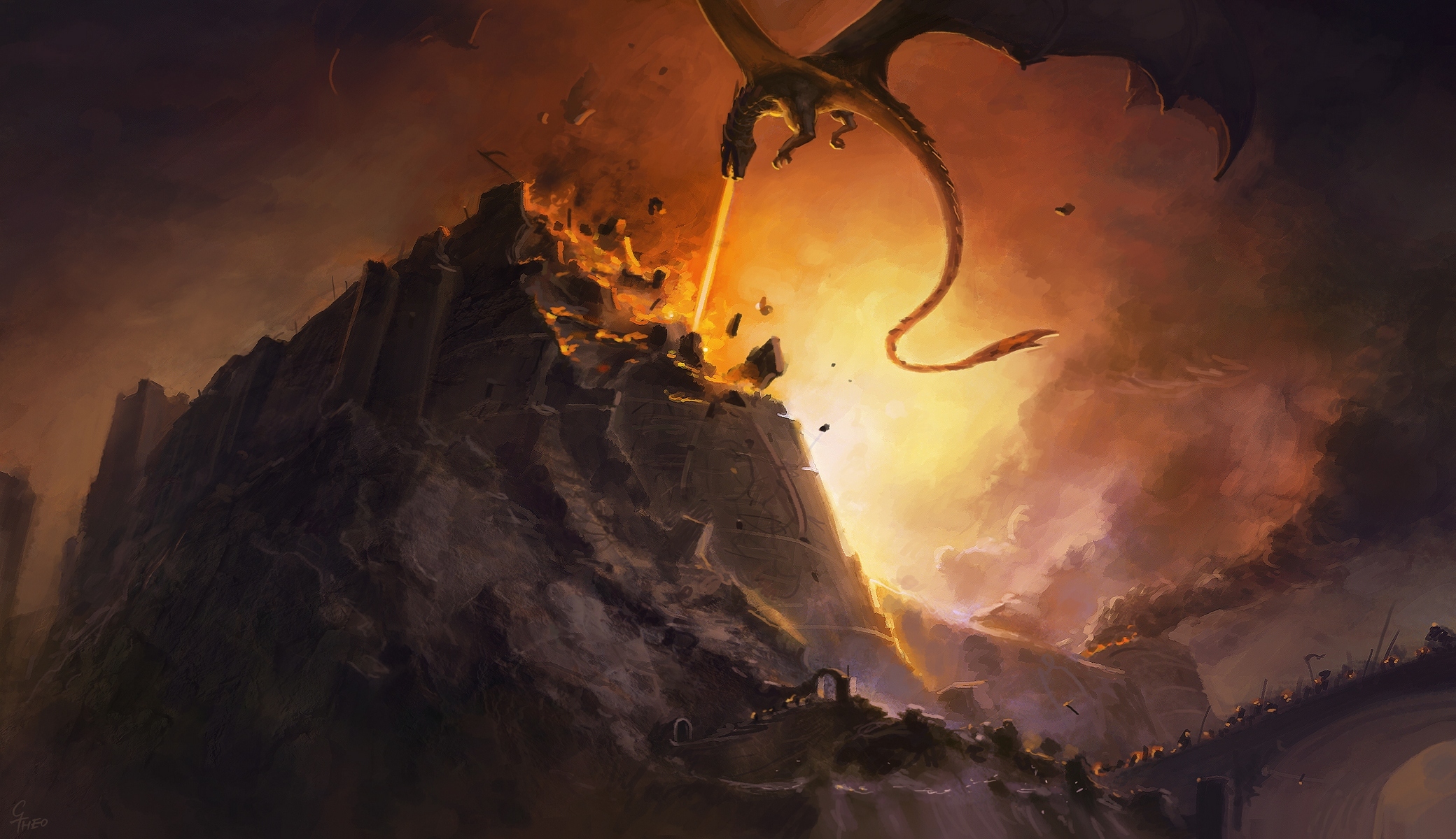 Dragon attacking a castle with fire HD Wallpaper