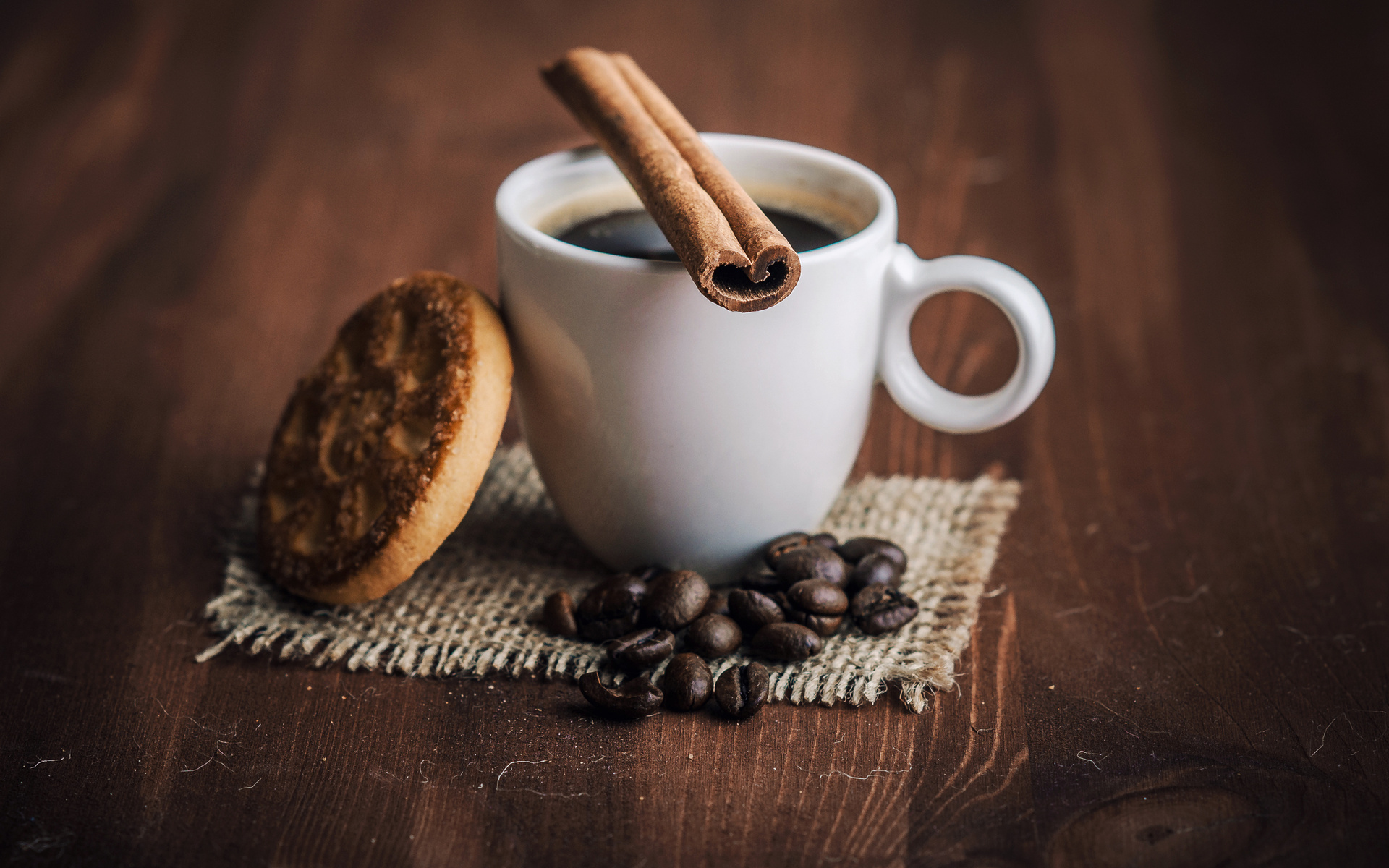 Coffee cup with cinnamon stick and cookie HD Wallpaper