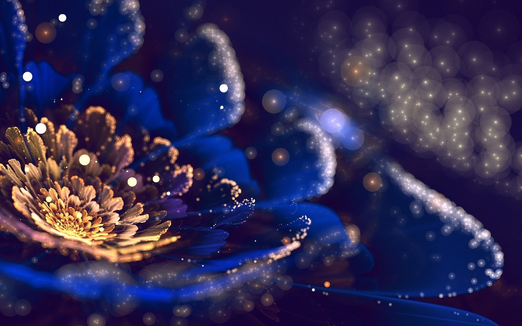Abstract blue and gold fractal flower with bokeh lights HD Wallpaper