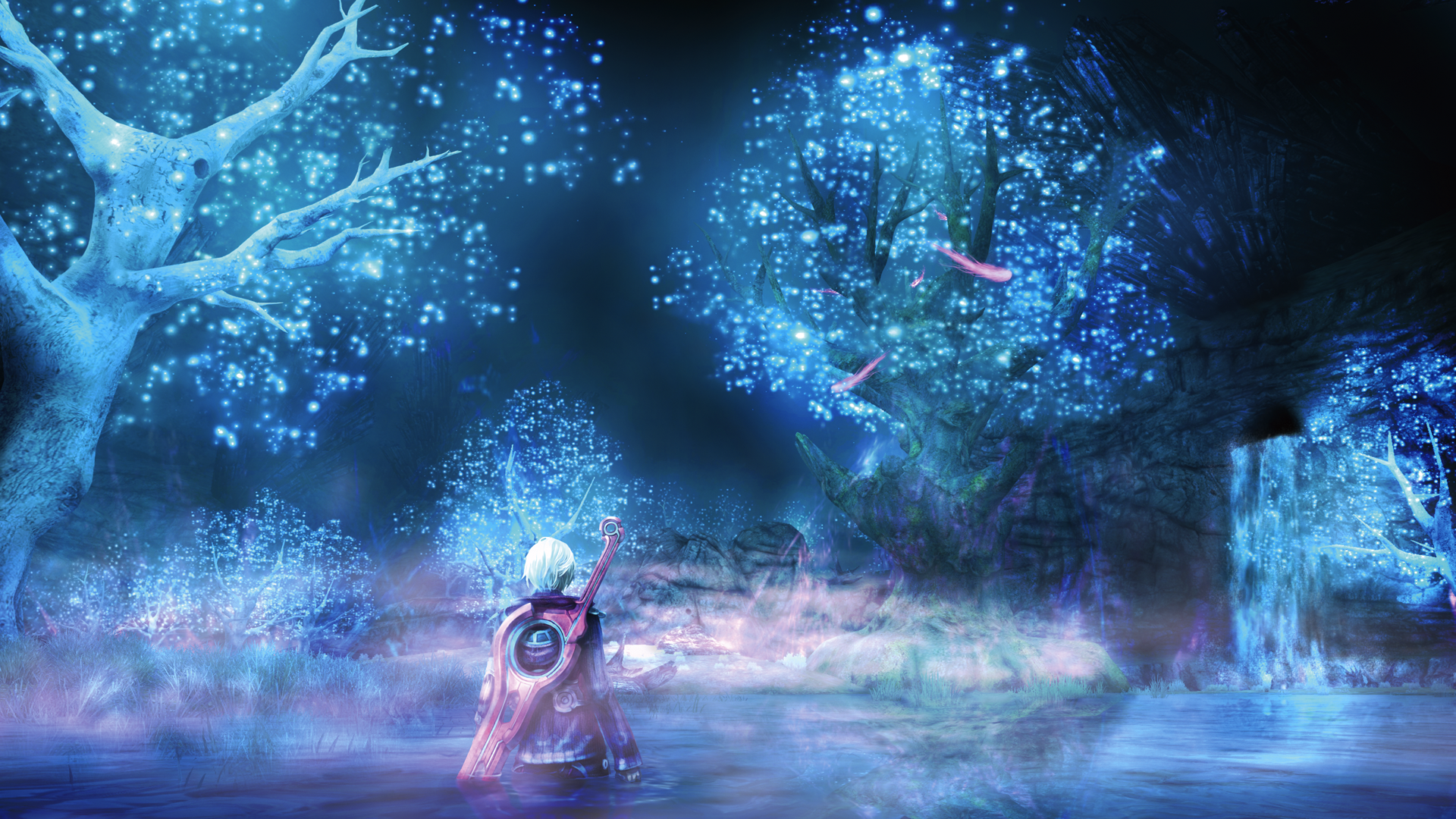 Character from Xenosaga in a glowing forest HD Wallpaper