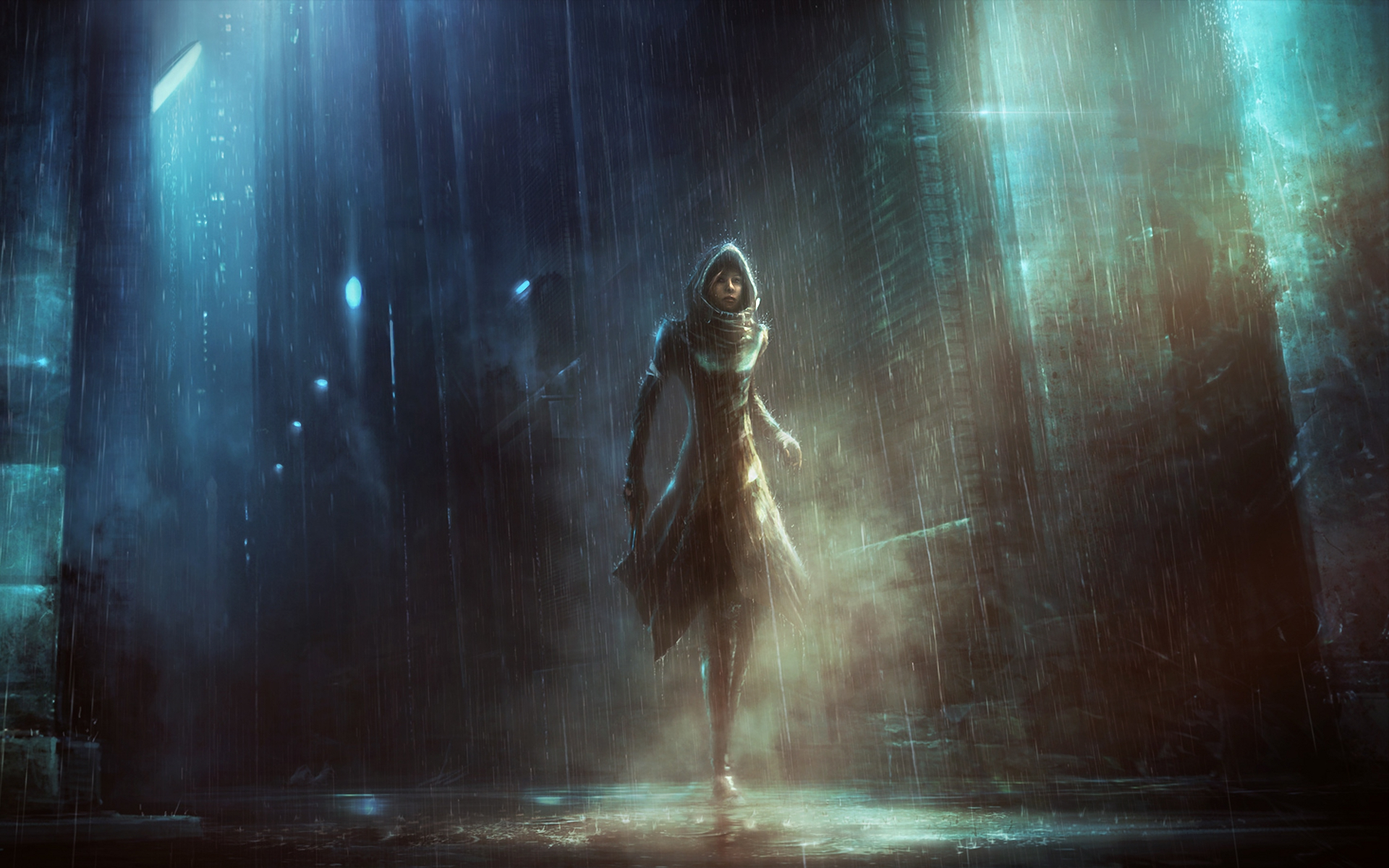 Person in a hooded coat in the rain HD Wallpaper