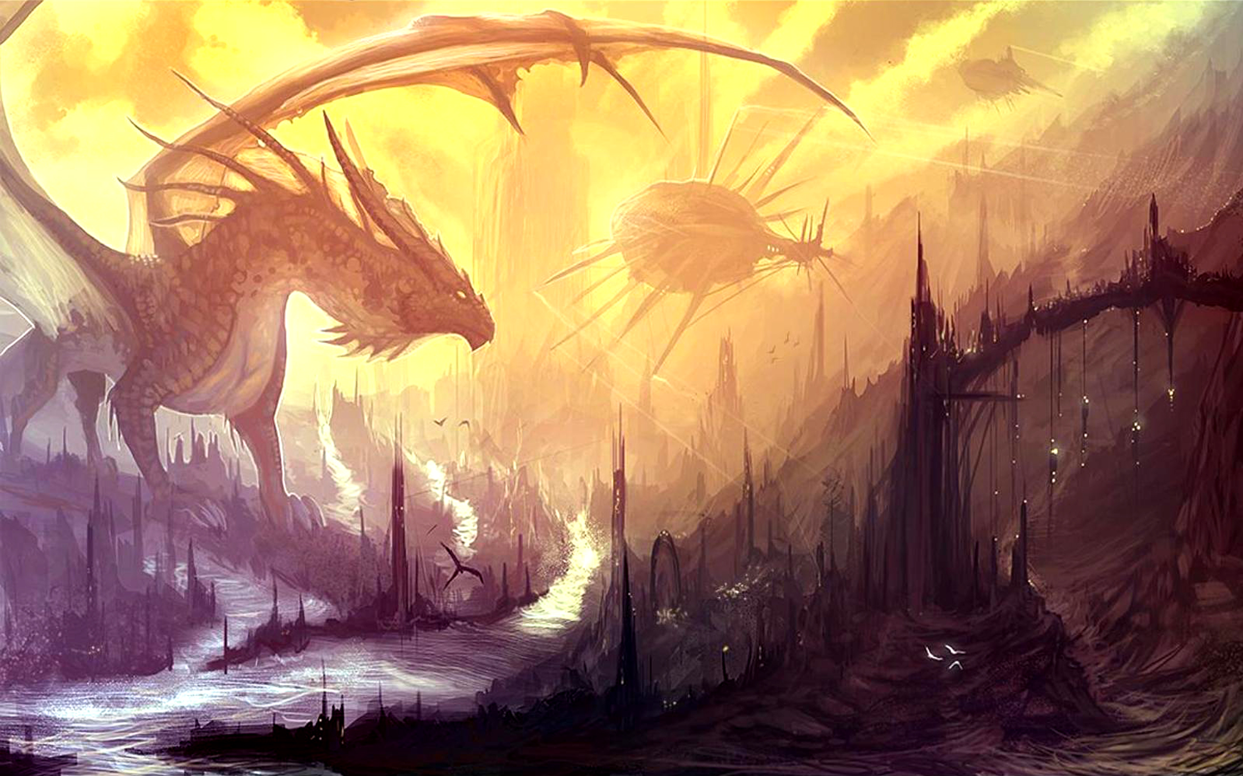 Fantasy Dragon flying over a dark, alien landscape HD Wallpaper