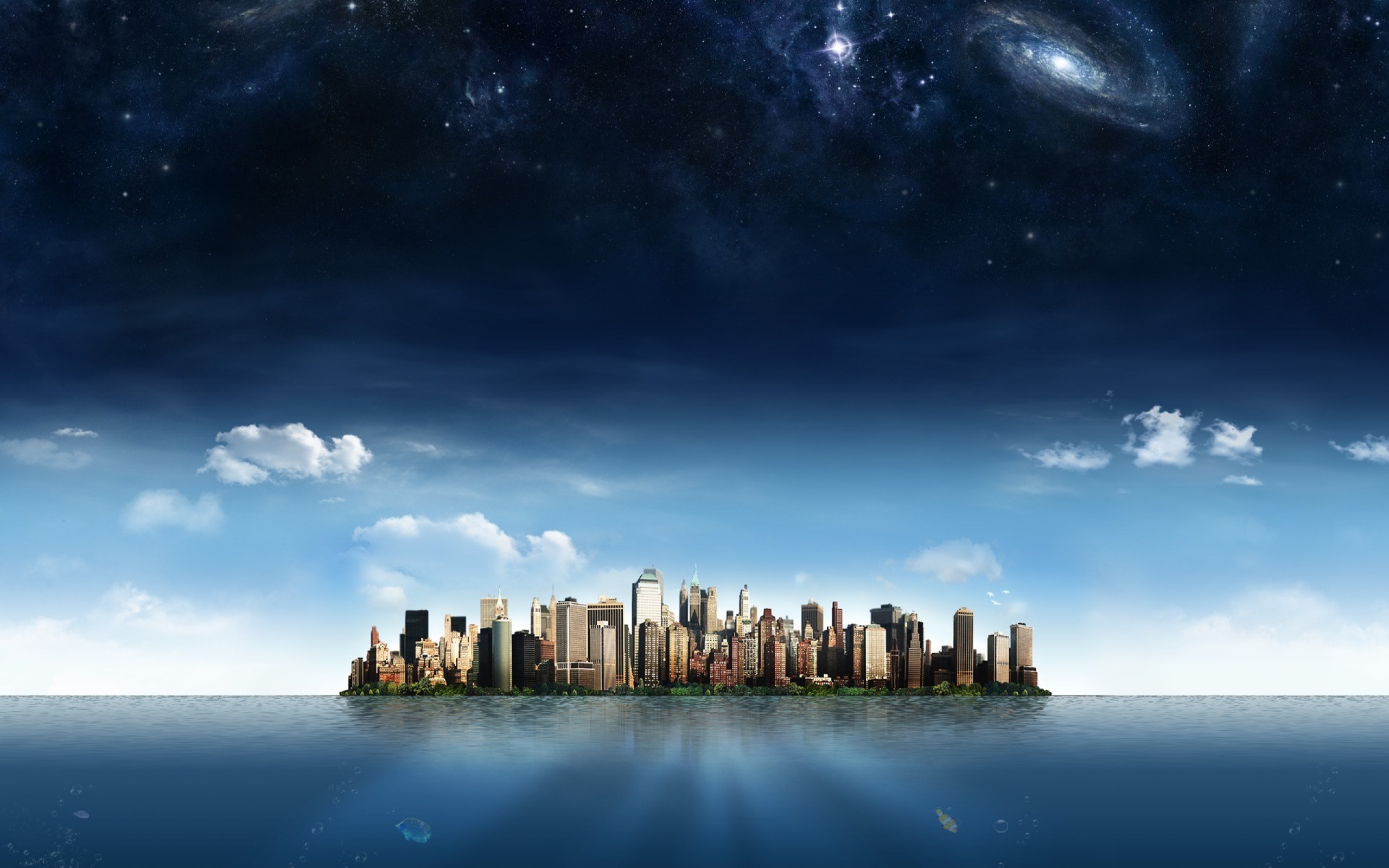Cityscape on the water under the galaxy HD Wallpaper