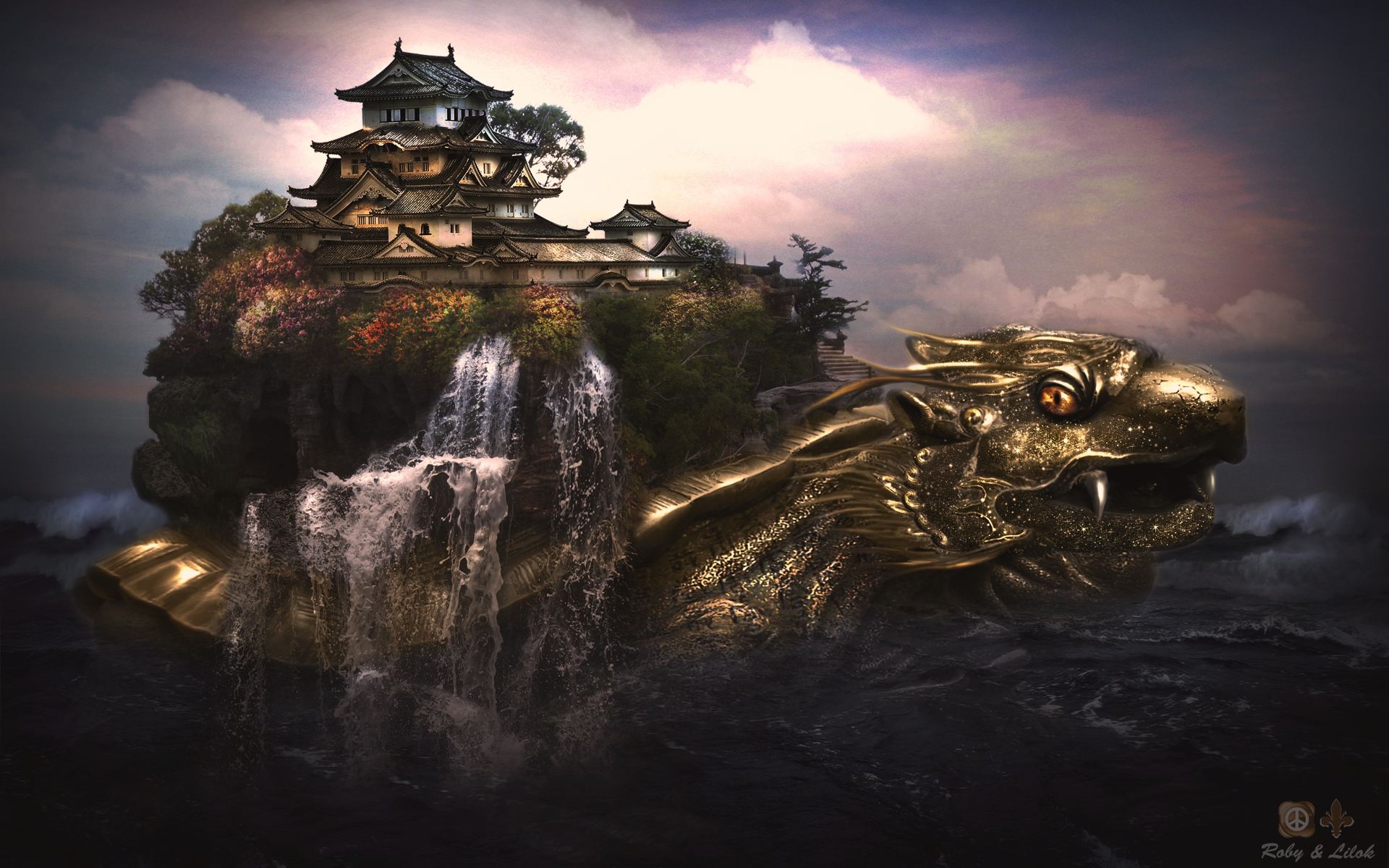 Golden Turtle Island with Japanese Castle and Waterfall HD Wallpaper