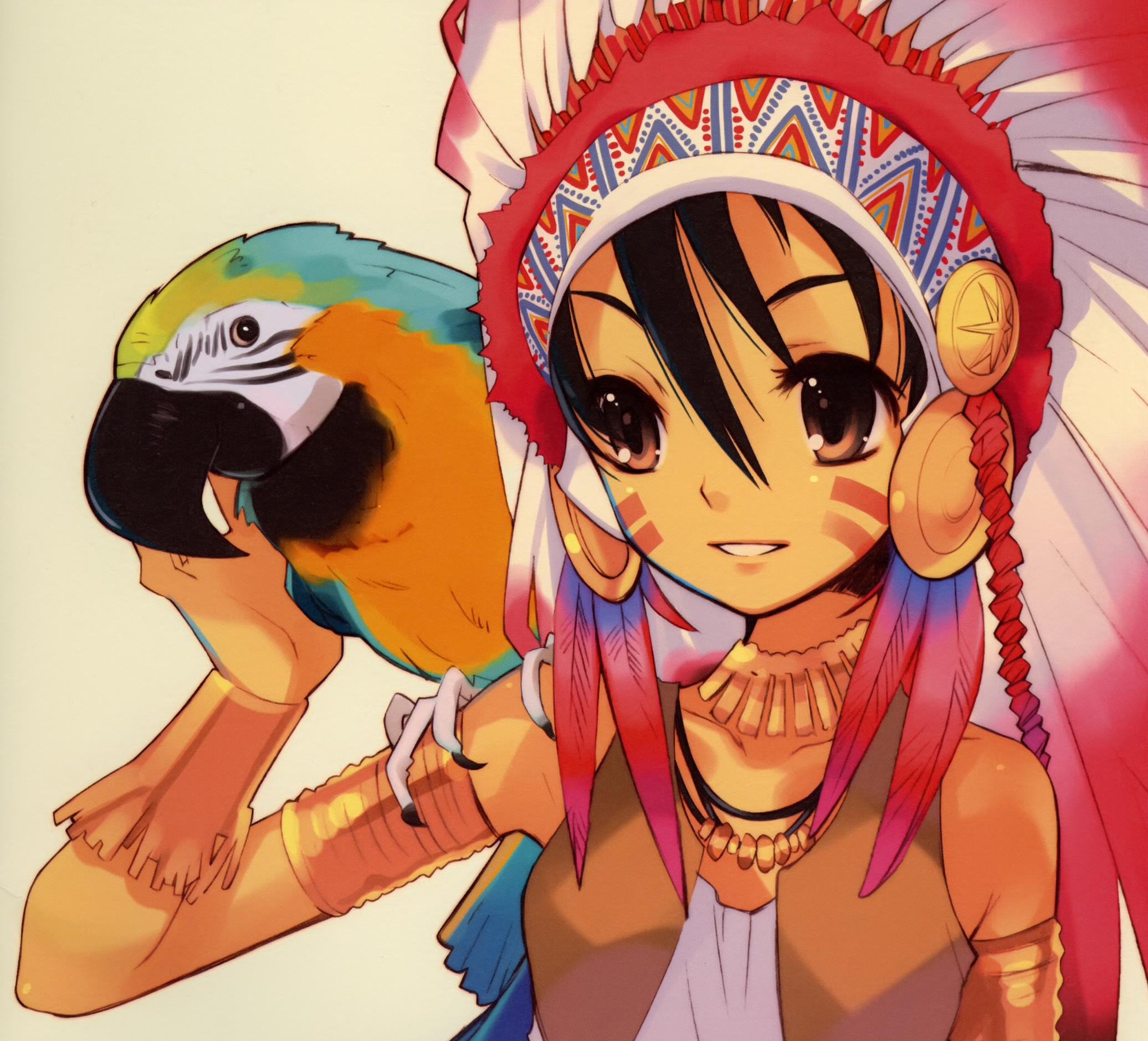 Girl with headdress and parrot HD Wallpaper